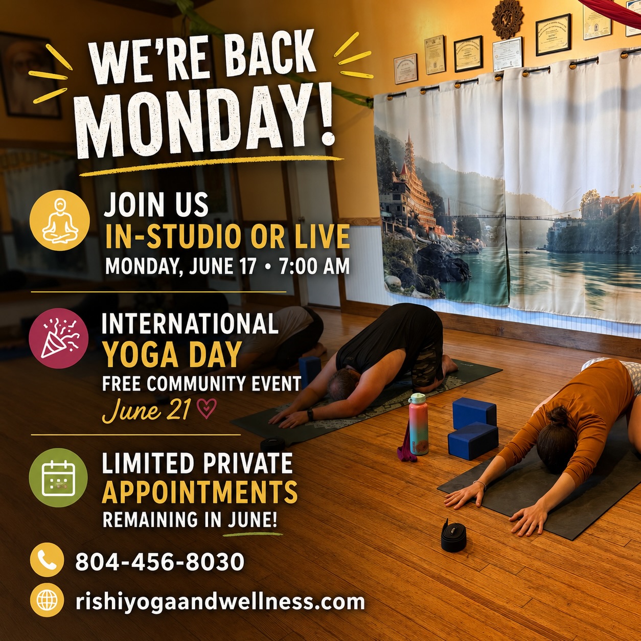 See you Monday (15th! Oops Typo)! Everyone is welcome āļø Links & Details šš½
*
š» Join Livestream: https://www.rishiyogaandwellness.com/service-page/traditional-yoga-livestream
*
šļø Welcome Summer in the Park! 4th Annual Free Yoga Day Event: https://www.rishiyogaandwellness.com/event-details/yoga-in-the-park-international-yoga-day-summer-solstice
*
š§š¾ Book Privates (Few appointments left in June, July open for bookings!): 804-456-8030
*
#NorthernNeckVA #InternationalYogaDay #NNKVA #onlineyoga #YogaVirginia
