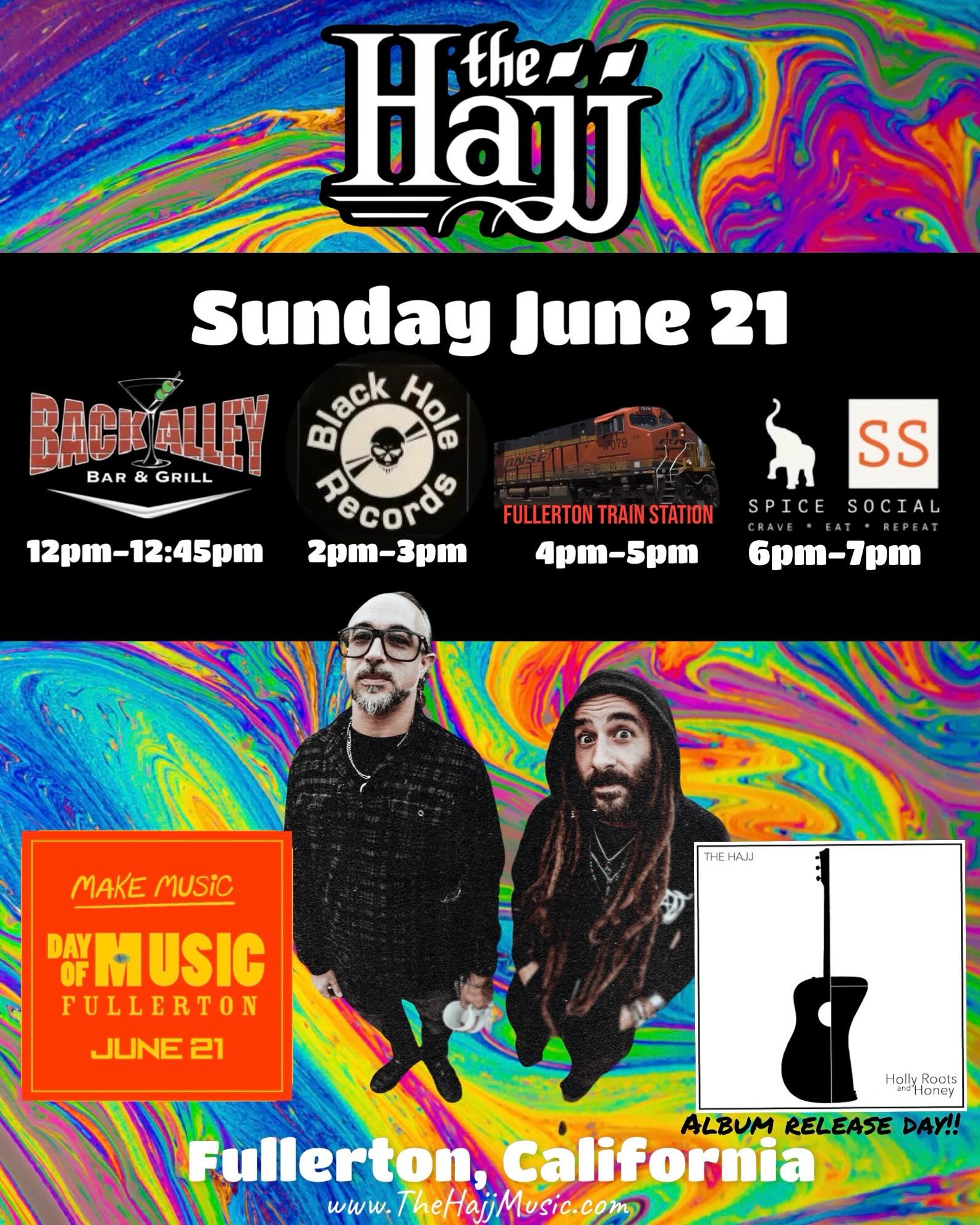 Forth show added at @blackholerecords !
4 shows in one day for this years @thedayofmusic in Fullerton! June 21st #dayofmusic has also become our album release date! 🌿🍯
💥Make it to all 4 of our shows in one day and pick a free item from our merch!!💥
#thehajjmusic #fêtedelamusique #firstdayofsummer #makemusic