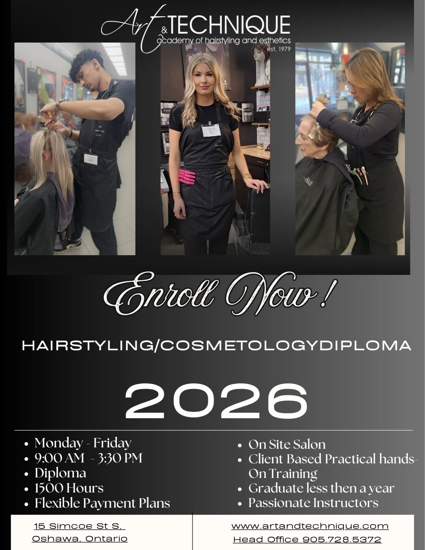 2 Classes left for 2026! 🚨 Enrollment for August and September is filling up fast.
If your goal is to become a professional hairstylist, stop waiting. Get your diploma and be career-ready in less than a year with our hands-on training program. 🎓✨
Don't Miss Out! REGISTER TODAY! SPACE IS LIMITED
Tap the link in our bio to register: www.artandtechnique.com/registration
Give our admissions team a call at 905-728-5372
Drop by 15 Simcoe St S for a personal campus tour!
#ArtAndTechniqueAcademy #HairstylingDiploma #HandsOnTraining #OntarioCareerCollege #OshawaLife @downtownoshawa @oshawatourism
