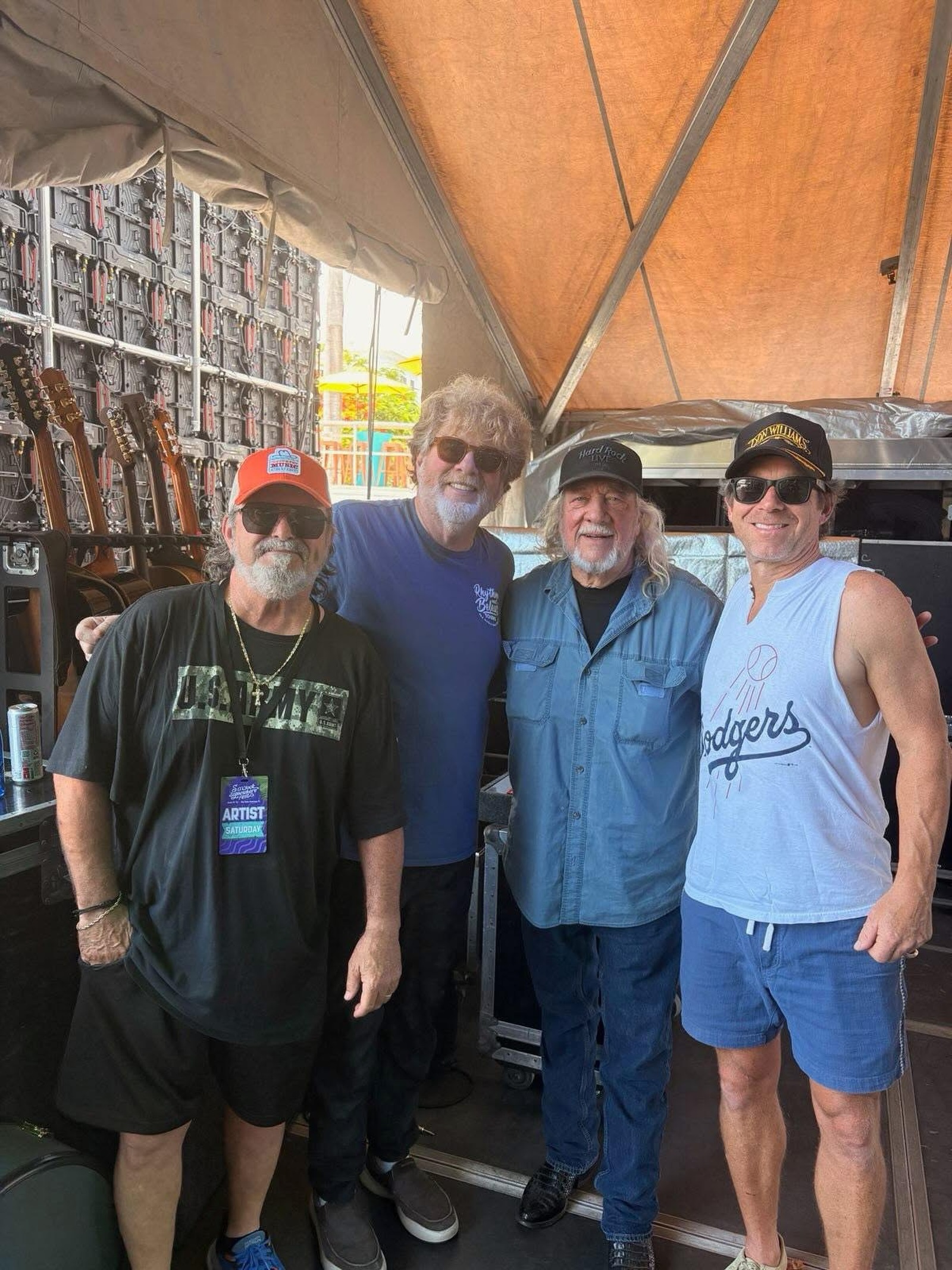 GREAT SEEING THESE OLE FRIENDS TODAY. L-R: Mike, Mac McAnally (who was a writer on Two Dozen Roses). John Anderson (who needs no introduction) and Scotty Emerick (who wrote a bunch of Toby Keith’s hits).