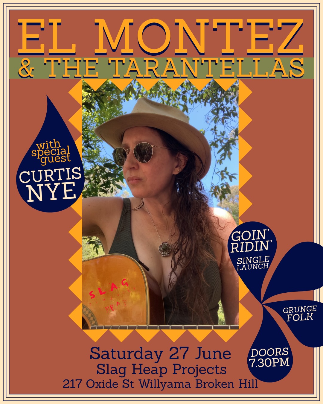 El Montez & The Tarantellas Goin Ridin Single Launch!
@el_montez_music (Naarm |Melbourne) returns to Willyama | Broken Hill | @slagheapprojects this weekend!
Slide for glimpses at past performances on Wilyakali Country.
El Montez takes their name from a fascinating and dangerous woman and so continues that theme into many of their songs.
This gig brings out a rare local support act Curtis Nye - Plus some other local surprises!
The show will launch Goin’ Ridin’ — a raw vault track dug out of the Emu Sessions.
Says El Montez:
“Originally recorded as a demo with two vocal layers and guitar only, Goin’ Rodin’ is a song about escaping control: horse, car, road, engine, will. A hand on the reins. A foot on the pedal. A horizon opening.”
For this launch, El Montez appears with the first iteration of @the.tarantellas , joined by drummer @bilyarawiimpatjia .
With support from @curtisnyethelofiguy
Live at Slag Heap Projects.
Dust, escape, old ghosts, new wheels, and the trail ahead.
🎟️ Tickets in bio!
#wilyakalicountry #brokenhill #livemusicnsw #outbacknsw