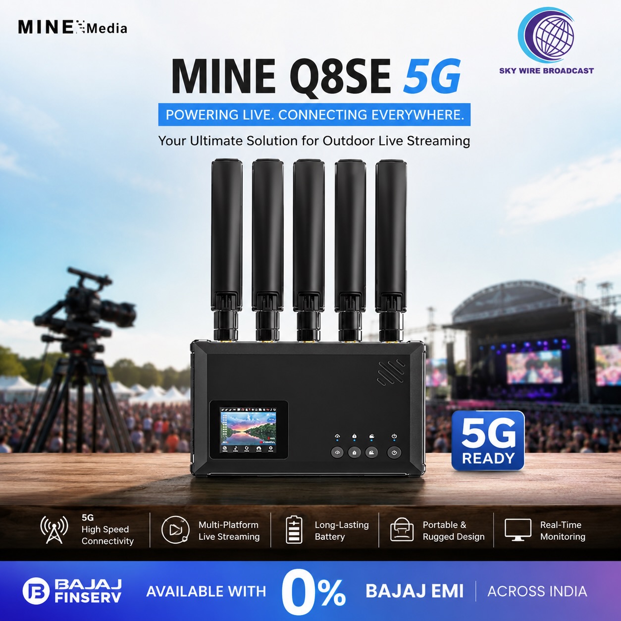 Go live without limits with the Mine Q8SE 5G! 🚀
Built for outdoor live streaming with fast, stable, and reliable connectivity anytime, anywhere. 🎥📡
Now available with 0% Bajaj EMI across India 🇮🇳
#MineQ8SE #5GStreaming #LiveStreaming #OutdoorBroadcast #SkywireBroadcast MineMedia BroadcastSolutions