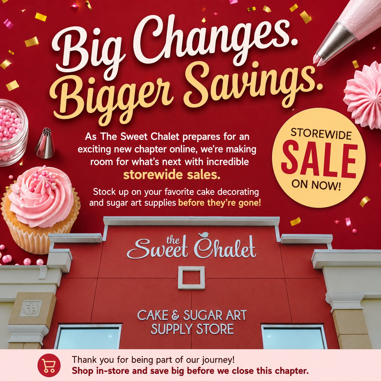 🚨 WE ARE MOVING ONLINE! 🚨Big changes are coming! We are transitioning to an online-only store and moving into our new warehouse location by the end of the summer!To celebrate, we are having a BIG SALE this week! 🥳🛍️ Save big on ALL cake, isomalt, and cookie decorating tools! (Note: This excludes ingredients).Important Dates to Remember:🚪 Until June 30th: Our storefront doors remain open for normal shopping.📦 July 1st – Mid-July: In-store doors will close, but we will continue processing orders for curbside pick-up only.🔒 After Mid-July: Doors completely close until our new warehouse location is officially ready!📢 Bakers, clear your schedules and stock up on your mixes for the summer! Remember, we can ship your orders directly to you anytime. Stay tuned to our social media for moving updates! 📦✨