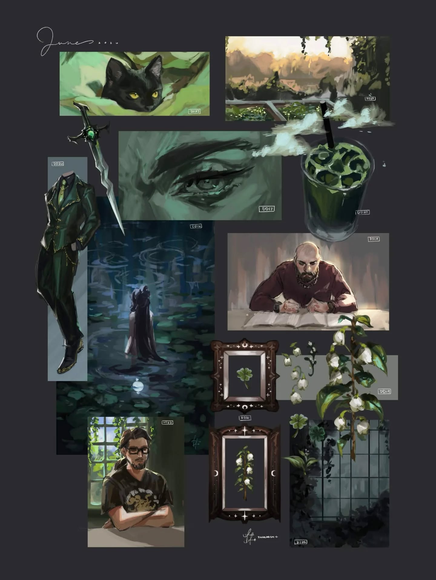 Completed page of daily doodles from june ~ 🍀
This has been a collection of doodles and studies to reflect on moods, things I like, places my mind has been, people I've been around - from this month!
Green used to be my least favorite color, but probably because I didn't know how to use it effectively. But in discovering my new favorite shades I found green to be very serene.
#digitalsketchbook #artstudies #aestheticartwork #digitalartists #nostalgiacore