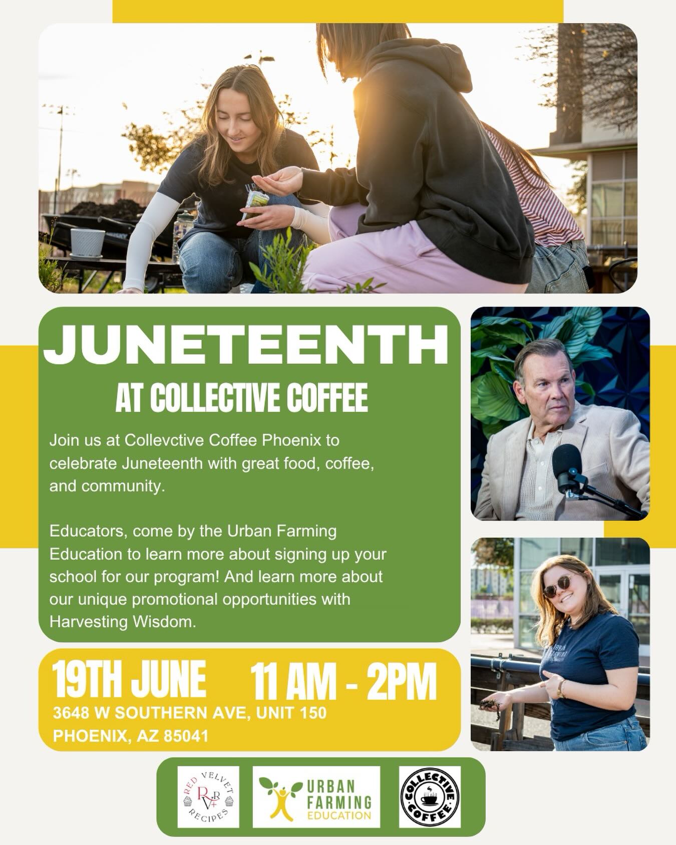 Join us at Collective Coffee on Juneteenth for a celebration with great food and great people!!
👉Connect with us to learn more about our garden school programs and Harvesting Wisdom podcasting opportunities!
#juneteenth #urbanfarmingeducation #azteachers #schoolgardens #podcasting