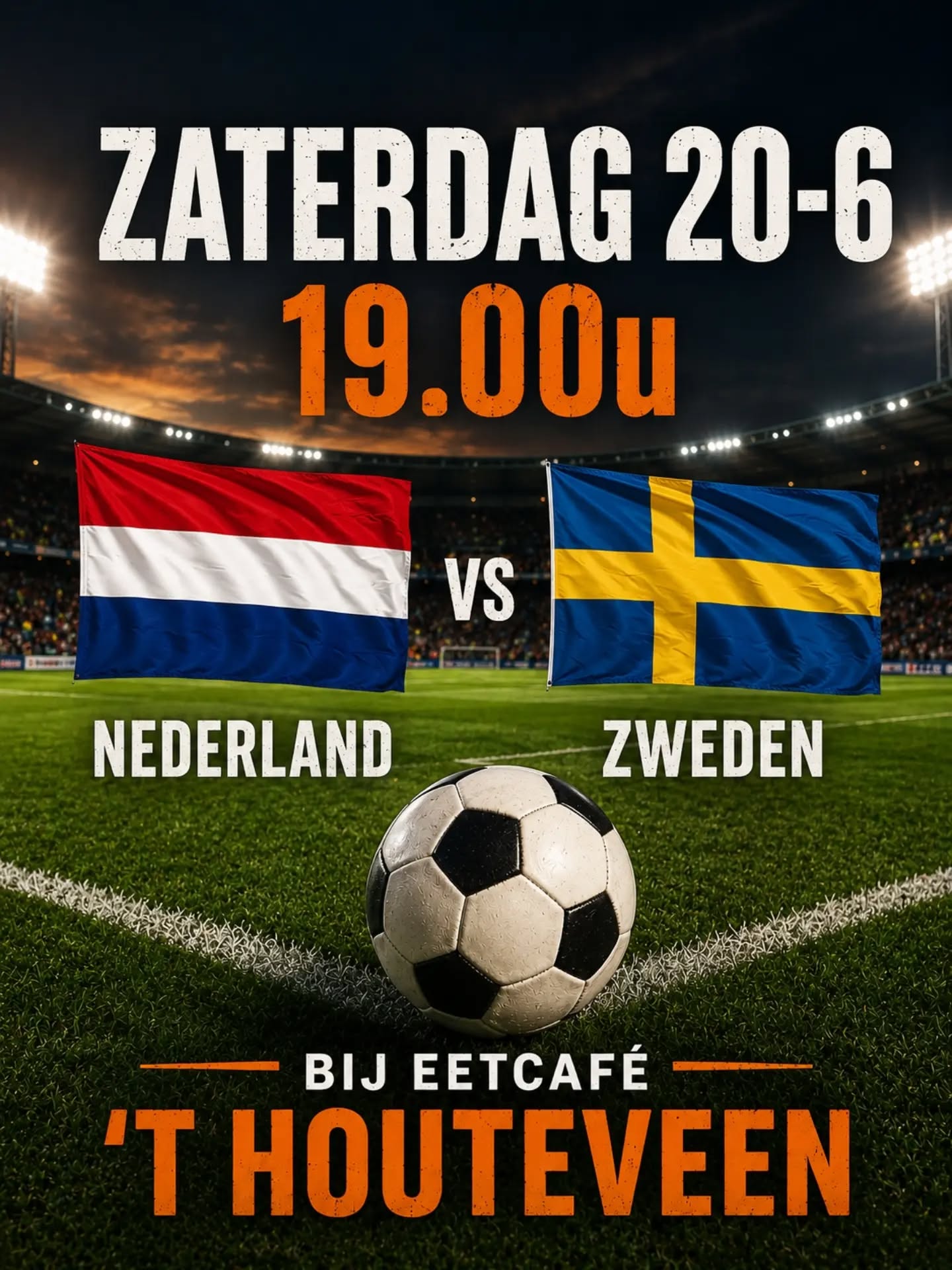 a s. zaterdag zie je de 2e WK wedstrijd van Nederland, om 19.00u, bij ons weer op groot scherm! ⚽️🧡 Onze keuken is deze avond gesloten voor diner. Wel kan je tijdens de wedstrijd genieten van bijvoorbeeld onze Veense borrelplank, nacho's of gewoon lekkere bitterballen. Kom je ook?