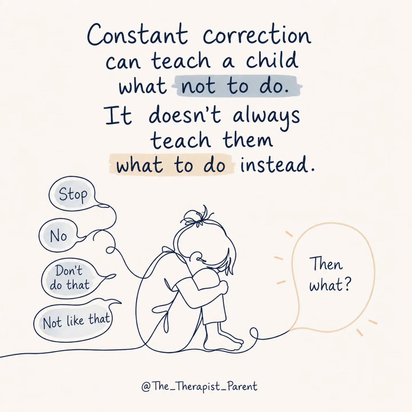 We often assume that if a child has been corrected enough times, they should know what to do instead.
But knowing what not to do and knowing what to do are different skills.
"Don't yell" doesn't teach how to communicate frustration.
"Don't hit" doesn't teach how to manage big feelings.
"Don't interrupt" doesn't teach how to wait, remember a thought, or join a conversation.
Correction can stop a behaviour in the moment, but learning usually requires something more: teaching, modelling, support, and practice.
Children don't just need limits. They also need guidance.
If you're looking for practical ways to support children's emotional development and build skills beyond behaviour management, my book Guidance from The Therapist Parent is available at www.thetherapistparent.com and on Amazon.
What is one skill you find yourself teaching repeatedly?