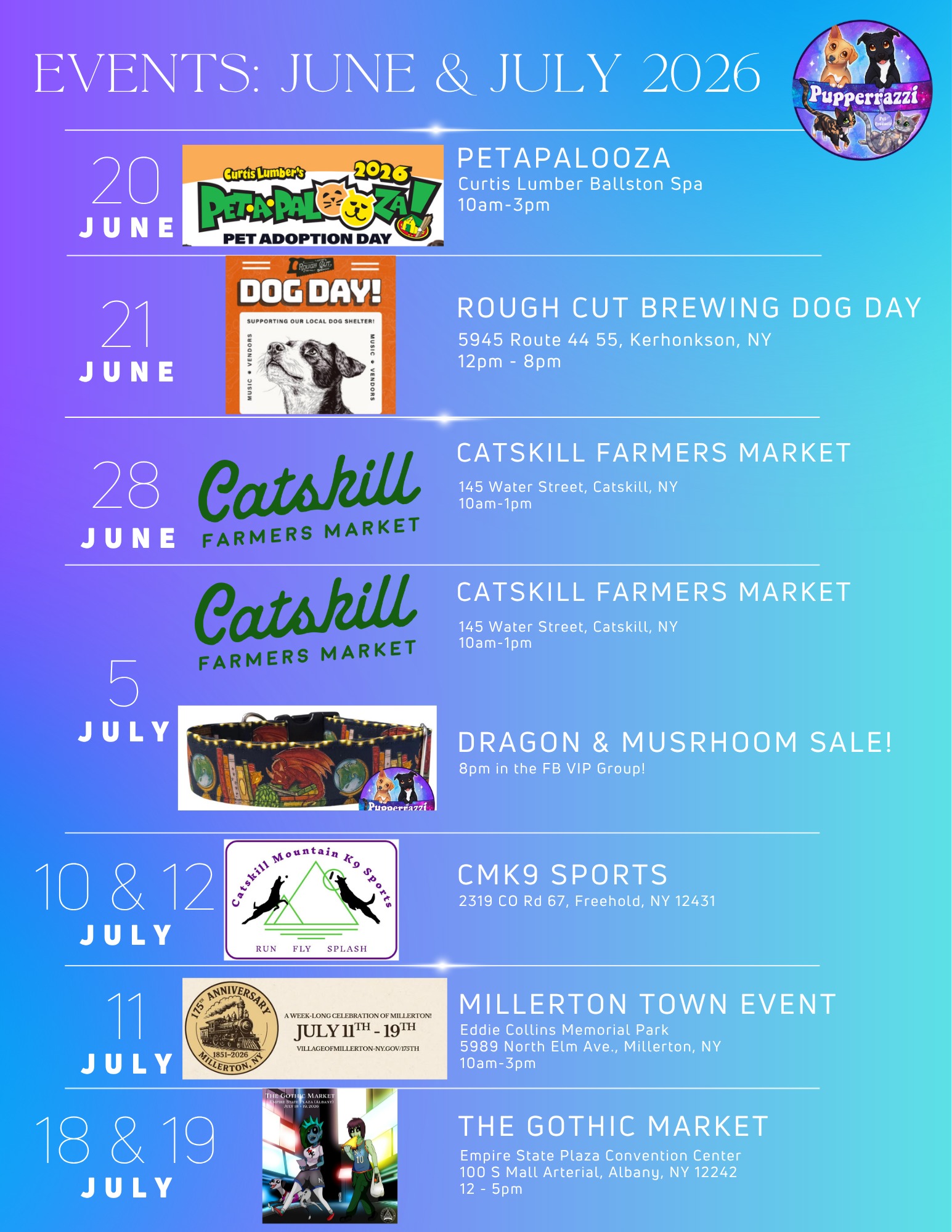 Event schedule for June and July! We are soooooooooo looking forward to this summer filled with events! Hope to see our friends at some!
