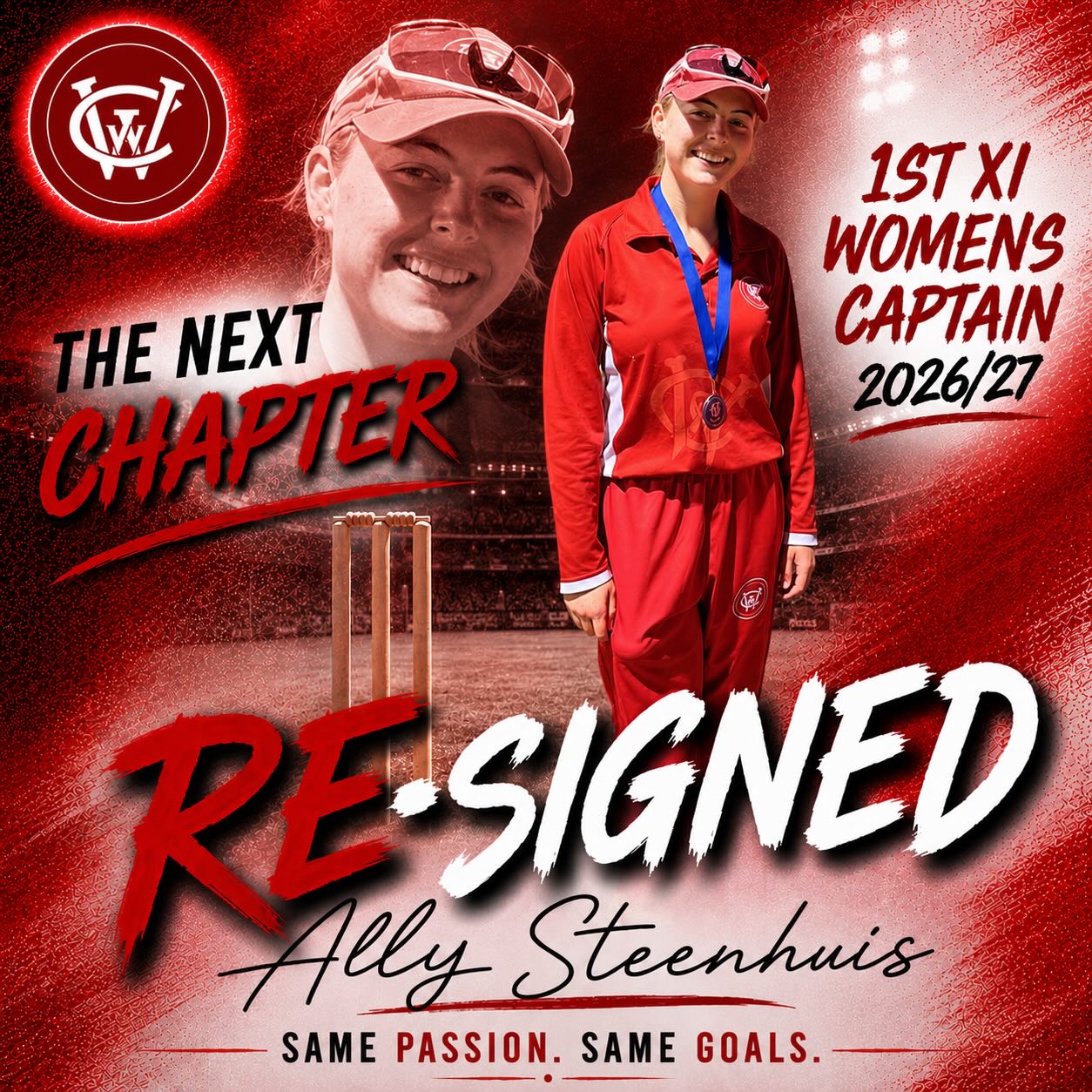 ❤️🤍❤️𝗪𝗼𝗺𝗲𝗻’𝘀 𝟭𝘀𝘁 𝗫𝗜 𝗖𝗮𝗽𝘁𝗮𝗶𝗻 – 𝗔𝗹𝗹𝘆 𝗦𝘁𝗲𝗲𝗻𝗵𝘂𝗶𝘀❤️🤍❤️
We’re wrapped to announce that Ally Steenhuis will again lead our Women’s 1st XI this season.
After captaining the side to a premiership last year, Ally has more than earned another crack at the role. Her leadership, competitiveness and passion for the club were on full display throughout the season and played a huge part in the group’s success.
📊 Ally’s 2025/26 Women’s stats
Games: 13
Runs: 257
Average: 128.5 🤯
Whether it’s leading from the front on game day or helping create a great environment around the club, Ally sets the standard and is a fantastic role model for our growing women’s program.
We’re excited to see Ally lead the girls again in 2026/27 as they look to build on last season’s success.
Congratulations Ally and all the best for the season ahead!
WCC President
Ivan Pyke
#RedCaps #TheNextChapter #WendoureeCC
