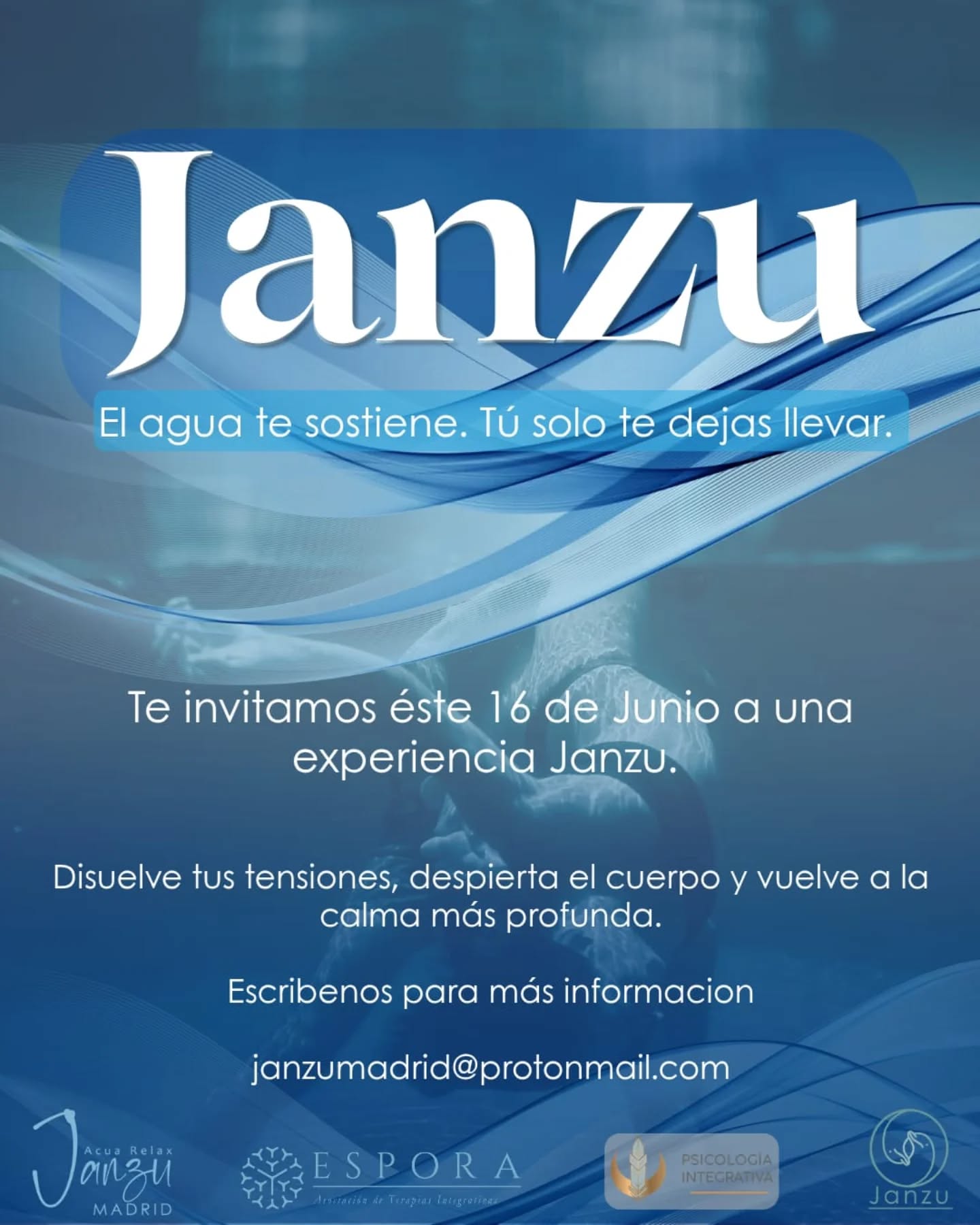 🌟Te invito a conocer esta experiencia única. Janzu es una experiencia acuática que consiste en flotar en manos de un terapeuta mientras tu cuerpo flota y se libera, tu mente descansa y algo profundo se suelta.
Te invitamos a una prueba gratuita el próximo martes 16 de junio, por la mañana, en la piscina de agua caliente del polideportivo de San Sebastián de los Reyes, Madrid.
🌊Ven a conocer el Janzu y a disfrutar del agua.