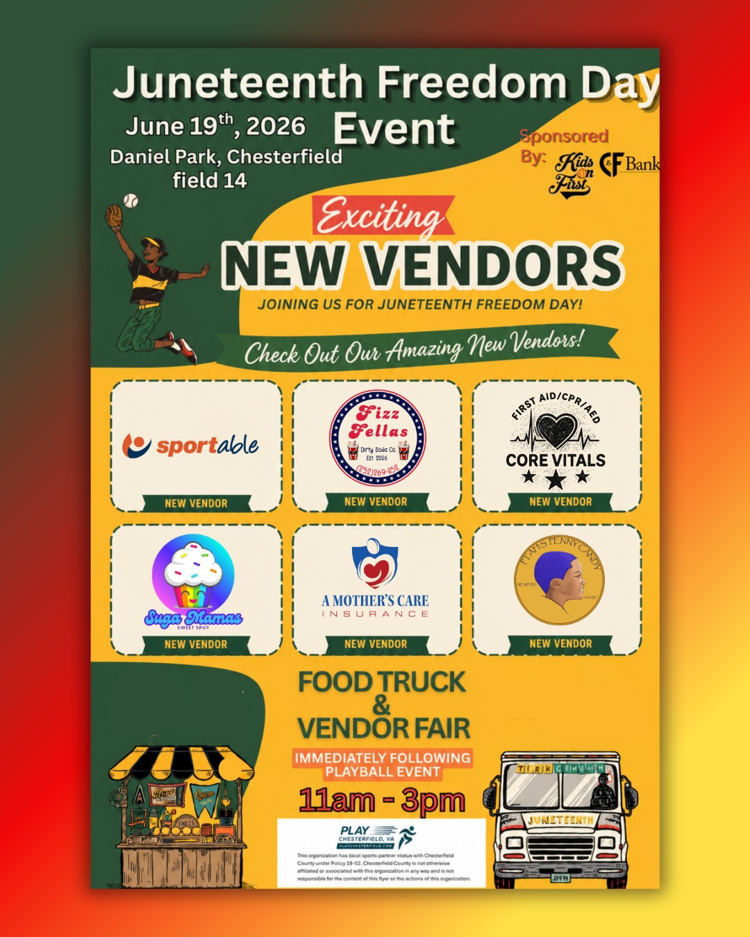 🚨🎉 **NEW VENDORS JUST DROPPED!** 🎉🚨
The excitement for **Juneteenth Freedom Day 2026** is getting bigger and better! 🔥
We're proud to announce that **new vendors are joining the celebration**, bringing unique products, delicious treats, community resources, and Black-owned businesses for you to discover and support! 🛍️✨
🍔 Food Trucks
🛍️ Local Vendors
🎨 Handmade Goods
💼 Small Businesses
🎉 Family Fun & Community Vibes
Come out, shop local, eat good, and celebrate freedom, culture, and community with us!
📍 Daniel Park – Field 14, Chesterfield
📅 June 19, 2026
⚾ PLAY BALL Event: 9AM–11AM (Registration Required)
🎪 Food Truck & Vendor Fair: 11AM–3PM
Stay tuned as we continue revealing more amazing vendors leading up to the event! 👀
Tag a friend who loves supporting local businesses and community events! 👇🏾❤️💛💚
#Juneteenth2026 #JuneteenthFreedomDay #ChesterfieldVA #SupportBlackBusinesses #VendorFair #FoodTrucks #CommunityStrong #ShopLocal #FamilyFun #JuneteenthCelebration #BlackExcellence #ChesterfieldEvents #KidsOnFirst #FreedomDay #PlayBallEvent #VendorSpotlight #JuneteenthFestival #SupportSmallBusiness
**Short Version for Stories/Reels:**
🔥 NEW VENDORS ALERT! 🔥
More vendors. More food. More shopping. More community.
Join us June 19, 2026 at Daniel Park for the Juneteenth Freedom Day Celebration! 🎉
🛍️ Vendor Fair: 11AM–3PM
🍔 Food Trucks
🎶 Community Vibes
❤️ Family Fun
Who's ready?! 🙌🏾 #Juneteenth2026 #VendorFair #ChesterfieldVA #CommunityCelebration