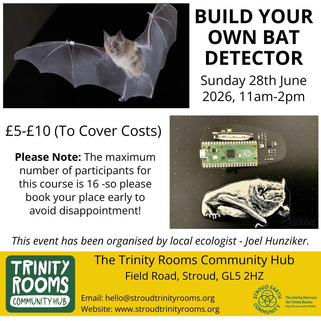 A fantastic opportunity to build a highly capable, low-cost Bat Detector, tried and tested by citizen-scientists around the world!
Led by Phil Atkin from Wiltshire Bat Group. You will make a small-wearable (broach pin) 'Griff Mini' bat detector that connects to smartphones & tablets.
Taking place at our Trinity Rooms Community Hub on Sunday 28th June, 11am-2pm, with spaces limited, find out more / book tickets on our Website What's On Page today (direct link below).
www.stroudtrinityrooms.org/event-details-registration/build-your-own-bat-detector
#Stroud #Bats #Events #Nature #Gloucestershire #Bat #Nailsworth #Ecology #Chalford #Workshop #Painswick #Amberley #Whiltshire #CitizenScience #Animals #Gloucester #DIY #Wildlife
