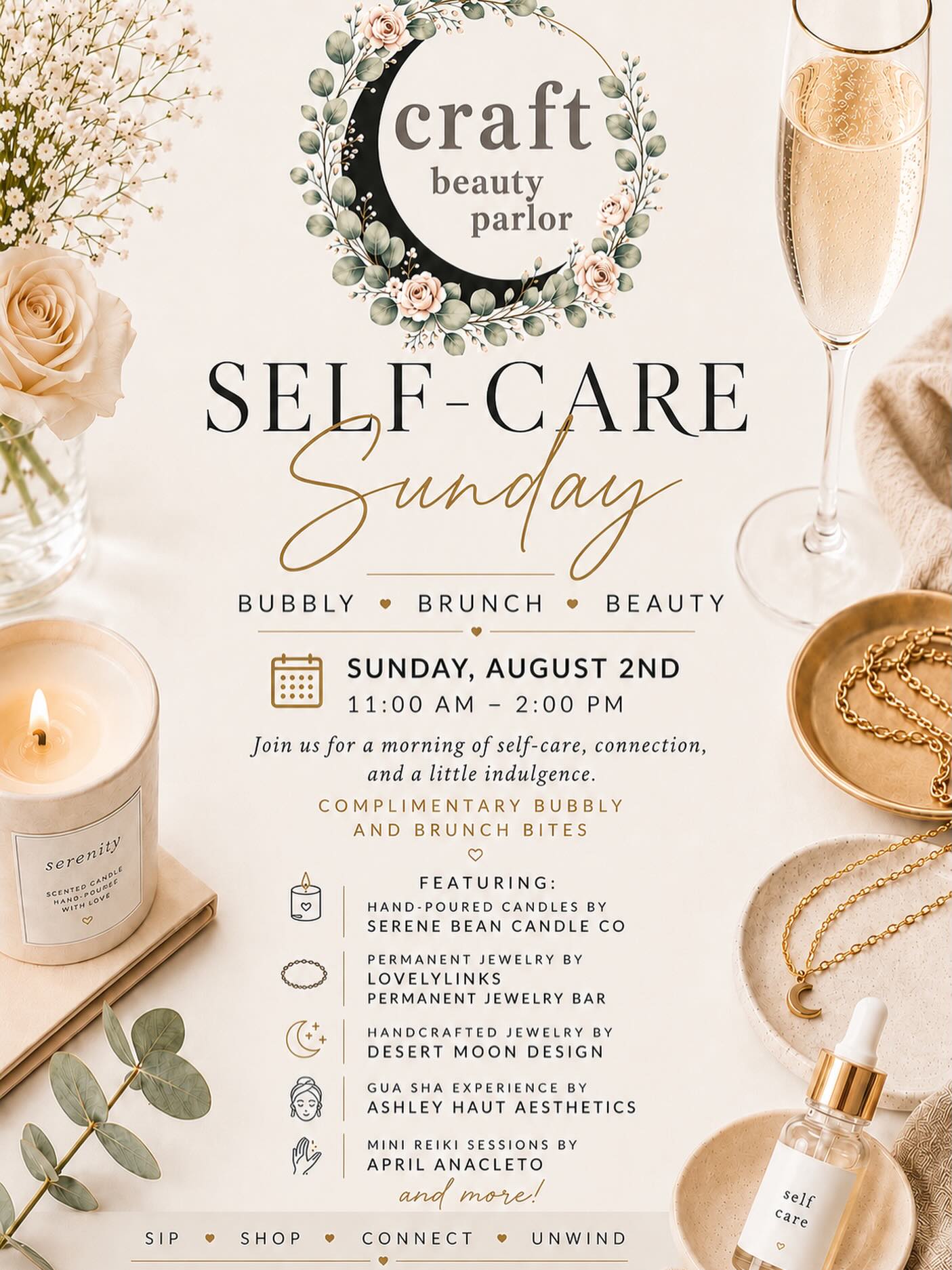 ✨ Mark your calendars! ✨
We’re hosting our first ever Self-Care Sunday at Craft Beauty Parlor and would love to see you there.
Join us for bubbly, brunch bites, shopping, self-care experiences, and supporting some amazing local women-owned businesses. 🥂
📅 Sunday, August 2nd
⏰ 11am–2pm
📍 Craft Beauty Parlor
Bring a friend and come spend a little time filling your own cup! 💗
#selfcare #santacruzevents #reiki #aesthetician #jewelrymaker