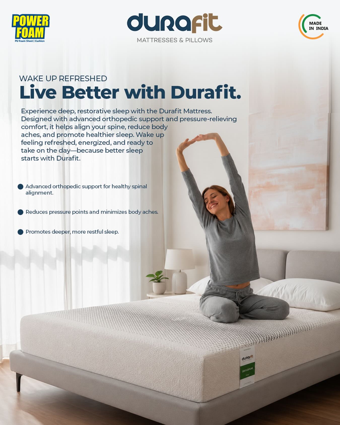 Wake up refreshed. Live better with Durafit. ✨
A good day begins with a great night’s sleep. Designed with advanced orthopedic support and pressure-relieving comfort, the Durafit Mattress helps align your spine, reduce body aches, and deliver the restful sleep your body deserves.
🌙 Better Support
💤 Deeper Sleep
🌿 Healthier Mornings
Because every morning should start feeling this good.
#DurafitMattress #WakeUpRefreshed #LiveBetterWithDurafit #SleepBetterLiveBetter #HealthySleep
(OrthopedicMattress ComfortRedefined PressureRelief SpinalSupport BetterSleep SleepWell MattressComfort SleepSolutions BedroomEssentials MadeInIndia Durafit PowerFoam RestRechargeRepeat QualitySleep GoodMorningStartsHere)