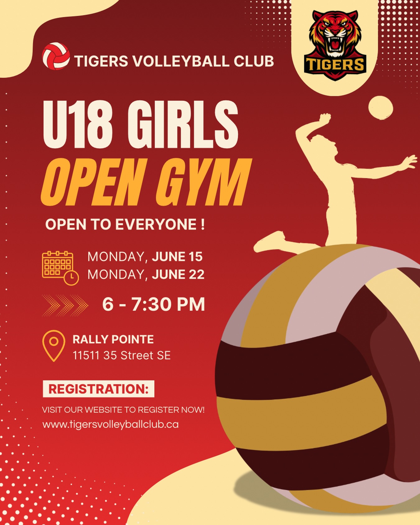 U18 Athletes — come showcase your skills, compete with talented players, and see what Tigers Volleyball Club is all about.
U18 Open Gym
📅 June 15 & June 22
⏰ 6:00–7:30 PM
📍 Rally Pointe
Everyone is welcome. Bring your energy and your passion for the game.
Register now at:
tigersvolleyballclub.ca
#TeamTiger #YYCVolleyball #VolleyballCanada
#VolleyballAlberta
#TrainWithPurpose