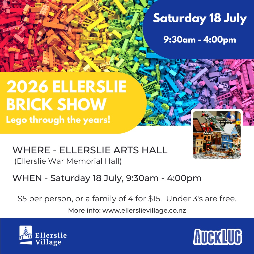2026 Ellerslie Brick Show: Lego Through The Years!
Calling all Lego lovers! The Ellerslie Brick Show is back for 2026, and this year we’re taking a trip through the decades to celebrate Lego through the years.
Brought to you in partnership with AuckLUG (Auckland’s Lego User Group), the Ellerslie Arts Hall will be packed with incredible builds, nostalgic creations and jaw-dropping displays that kids and grown-ups will both love. Expect intricate towns, classic sets, modern masterpieces and plenty of inspiration to take home.
When: Saturday 18 July, 9:30am to 4:00pm
Where: Ellerslie Arts Hall (Ellerslie War Memorial Hall)
Cost: $5 per person, or a family of 4 for $15. Under 3s are free.
Bring the whole family for a fun day out in the village.
We can’t wait to see you there! #lego #auckland #ellerslie
@aucklug