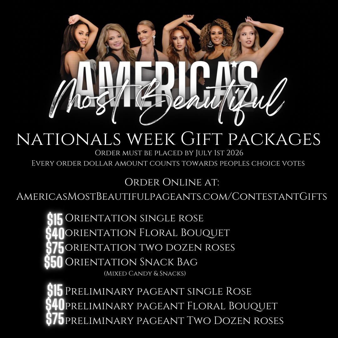 Only two weeks left to spoil your favorite contestant with gifts during nationals week! All orders must be in by July 1st and every dollar spent also counts towards her people’s choice votes, which will secure the winner a spot as a finalist!
From snacks, to flowers or a poster with her face on it, show your favorite contestant some love! #AMBpageants
