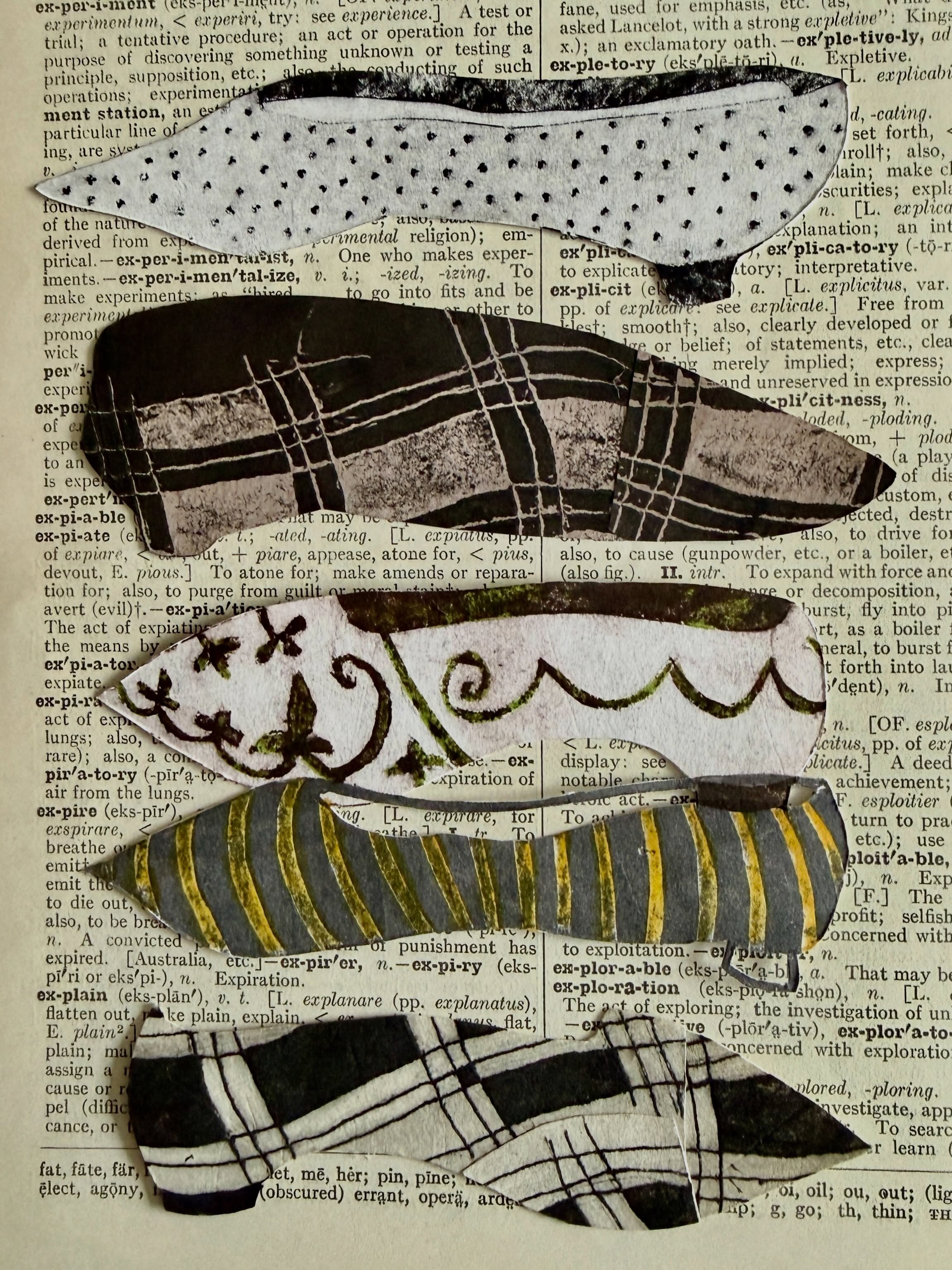 Exploratory. Collage on found paper, 21x15cm. #slippers #footwork #notfancy #printmaking #collage