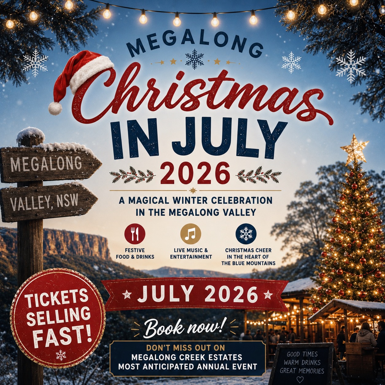 ✨ MEGALONG CREEK ESTATE - CHRISTMAS IN JULY 2026 - 25/07/26✨
❄️ A magical winter celebration in the Megalong Valley
🔥 Festive food, drinks & live music
🎅 Christmas in July cheer in the heart of the Blue Mountains
🎟️ **TICKETS SELLING FAST!**
Secure your spot before tickets sell out. This is a ticketed event only.
25th July 2026 12:30-4:30
#MegalongChristmasInJuly #ChristmasInJuly #MegalongValley #BlueMountains #WinterFestival @nswtourismassociation @tourismnsw @bluemountainstourismcouncil