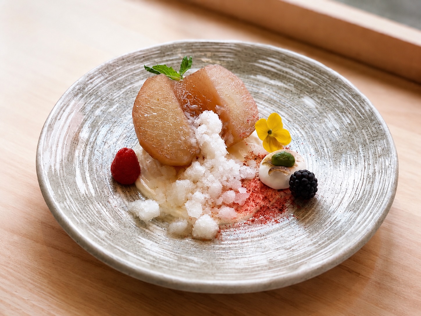 Introducing a new face in our kitchen — please welcome Shiro’s new sous chef, Vanessa.
For her debut, she set out to create something for the season
“I wanted to make a summer dessert with a Japanese sensibility, and it all came together around the Asian pear — something light, cool, and refreshing.” — Vanessa
The result: “Yuki Pear” (雪 — snow). Poached Asian pear layered with almond mascarpone cream, lychee granita, mint gel, whipped honey, meringue, and strawberry powder — the granita falling like a cool flurry of snow over the pear.
We have no doubt her talent will take the Shiro experience even higher.
ようこそ, Vanessa. Come taste what she’s been creating.