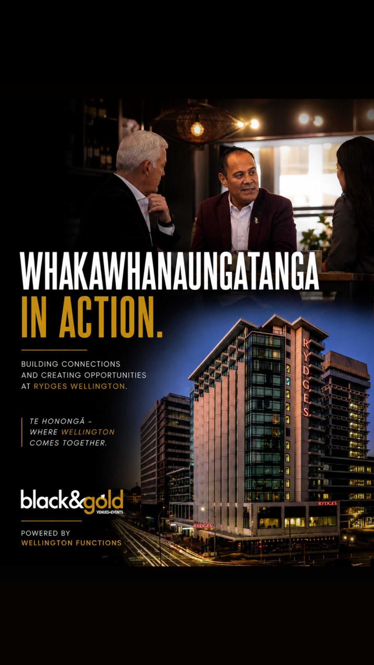 🤝🏾 Whakawhanaungatanga in action.
Great hospitality starts with great relationships. Even better when they’re long-standing and built on collaboration.
We recently spent some time with the team at @rydgeswellington_cbd , building connections, sharing ideas, discussing our mutual client base, and exploring ways we can create even better experiences while bringing more business into Pōneke.
Pōneke is built on relationships, and when good people come together, great things happen.
This is only the beginning.
Te Hononga - Where Wellington comes together.
Black & Gold Venues
Powered by Wellington Functions.