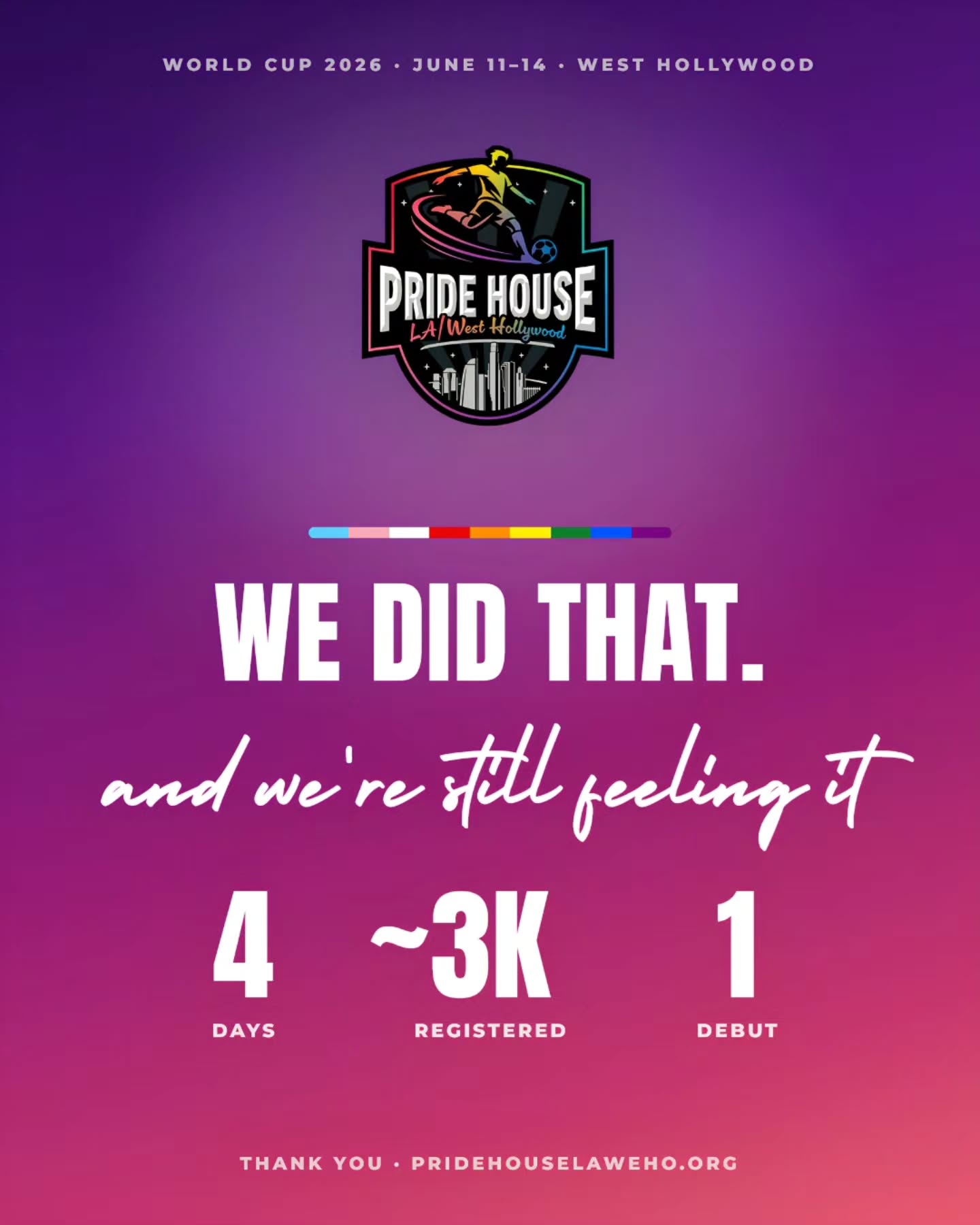 🏳️🌈 That's a wrap on the Pride House LA/WeHo debut at the 2026 World Cup.
Four days. One house. A community that showed up the way only we know how. And this was just the beginning.
We don't know where to start. So we'll start with thank you. 💕
🏠 To @beachestropicanaweho and the whole team for making this possible.
🙏 To @outathletefund and our board. To our CEO @michael.ferrera for leading with heart.
🔴 Thursday, we opened. @itsallcharlie and @bucktheking on the decks, a red carpet, and @wehocity welcoming us home.
🟠 Friday, we celebrated Latin culture as the USMNT opened their World Cup. @motatenor on the anthem in Spanish gave us chills. @Alexanderisonair, @victorizarra, @johnnythegentla, @jeeezluis91, @bakuela_, @reymonperaltaa and the Halftime Show Dancers. Produced with the James Polkinghorne Cultural Foundation and @postandpulsecollect.
🟢 Saturday, the women's game owned the afternoon. @weareangelcity took Women in Sports Day, presented by @gatorade. @tobinheath and @christenpress brought The RE—CAP Show (@re__inc) LIVE. Then @girlsgaystheysla took OVERTIME til 2AM with @maiahmanser, @the.blaike, @discoshrine, @selenasofia, @nekter.la, @antjuantobiasisfunny, @amandagsavage, @ryanbasham, @comedianpinkfoxx, @jakersnoll, @tonydevoney, @trilliummassage, @candidcornerpb, @mediapollution.
🔵 Sunday, we closed with the truth. Pride in the Game with @lafc and @bmostadium. @cm7md and @mwhatzke with @cydzeigler. Then @djlaserfox into a Gay Games Sendoff with @nic.jericho and remarks from Gay Games Honorary Life Member @lesjohnson16 as we sent our athletes to @gaygames in Valencia.
🌟 Sponsors: @countyofla, @wehocity, @weareangelcity, @lafc, @bmostadium, @casamigos, @giesenwines, @hennessy, @moetchandon, @thelondonweho, @thewhisperingangel.
🎁 Raffle donors: @outsports, @rei, @squeeze, @theblackcatla, @nyxcosmetics.
🙌 Volunteers @pjbrescia, @babygaytv, and everyone who gave their time and hearts.
🥹 To every athlete, fan, and queer person who walked through these doors and saw themselves reflected in major sports. You are why this house stands.
Drop your handle below if we missed you. 💌
Onward to 2028. 🏳️🌈🏅