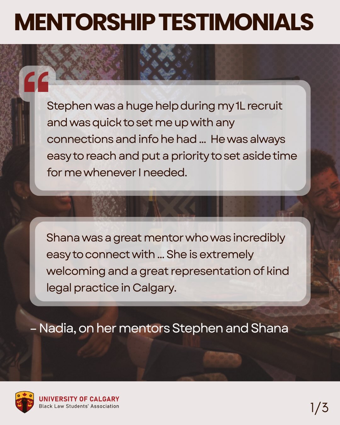 We are so grateful to every mentor who shared their time, experience, and support with our students this year.
A special thank you to Diyana Woldegebrael and Ntcha Taka for the time and care they put into matching mentors and mentees and helping these relationships flourish throughout the year.
Swipe to read our students’ reflections.
#BLSA #MentorshipMatters #UCalgaryLaw #BlackLawStudents #LegalEducation