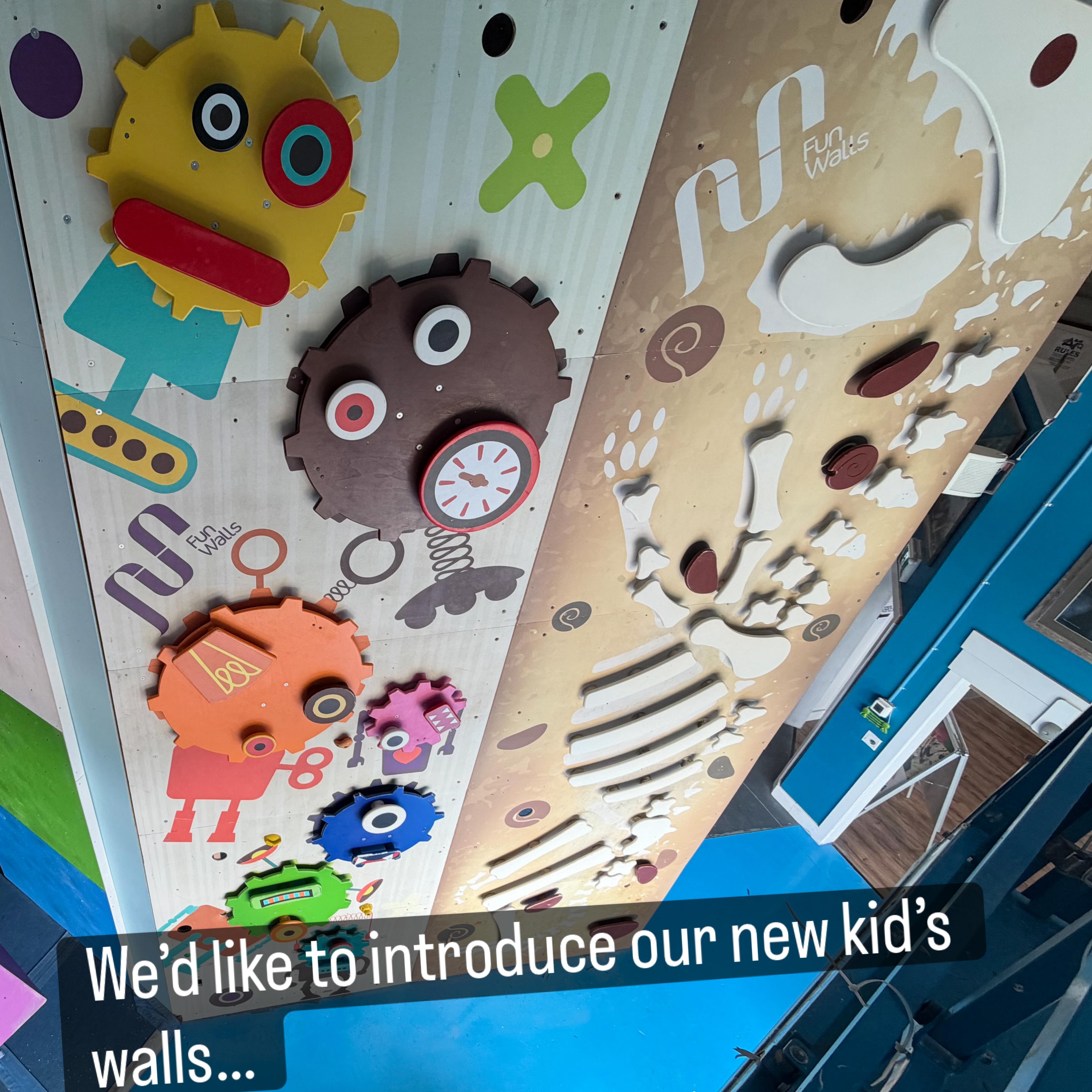 We’ve just installed the long awaited EXCITING new kids walls. They’re interactive, fun, and TOTALLY AWESOME.
They’ll be ready for climbing this Wednesday, June 17th.
We’re always trying to improve our space, to keep things fresh, and these walls, well…we’re excited!!!!