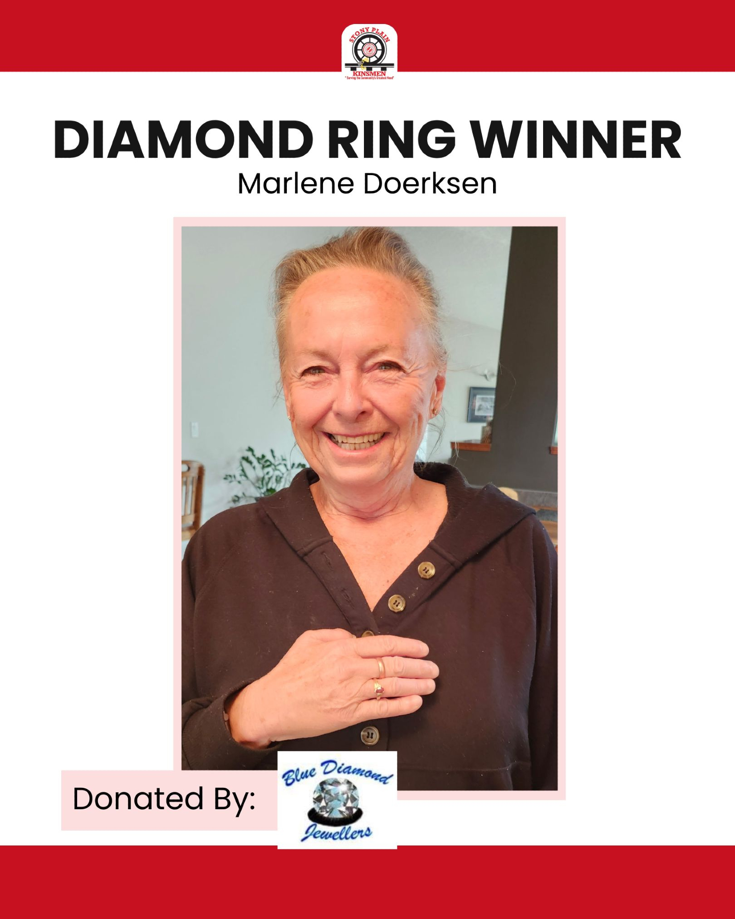 A huge congratulations to our winner, Marlene Doerksen, a first-time Farmers’ Days attendee from right here in Stony Plain!
This beautiful ring was generously donated by our friends over at Blue Diamond Jewellers.
Thank you to everyone who came out to Farmers’ Days, shopped the market, and showed support for our community!