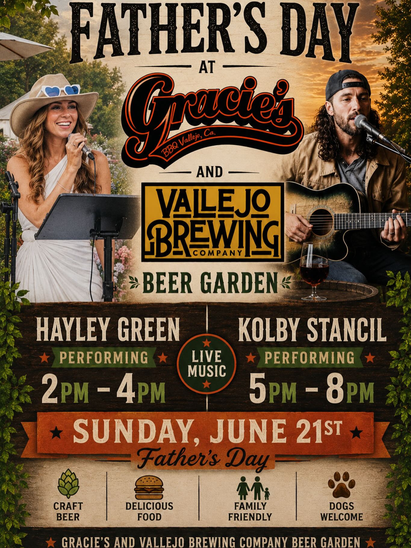BBQ. Beer. Live Music. Fatherās Day. š»
Join us Sunday in the beer garden with live performances by Hayley Green (2ā4PM) and Kolby Stancil (5ā8PM).
š 430 Virginia St, Vallejo
See you Sunday!