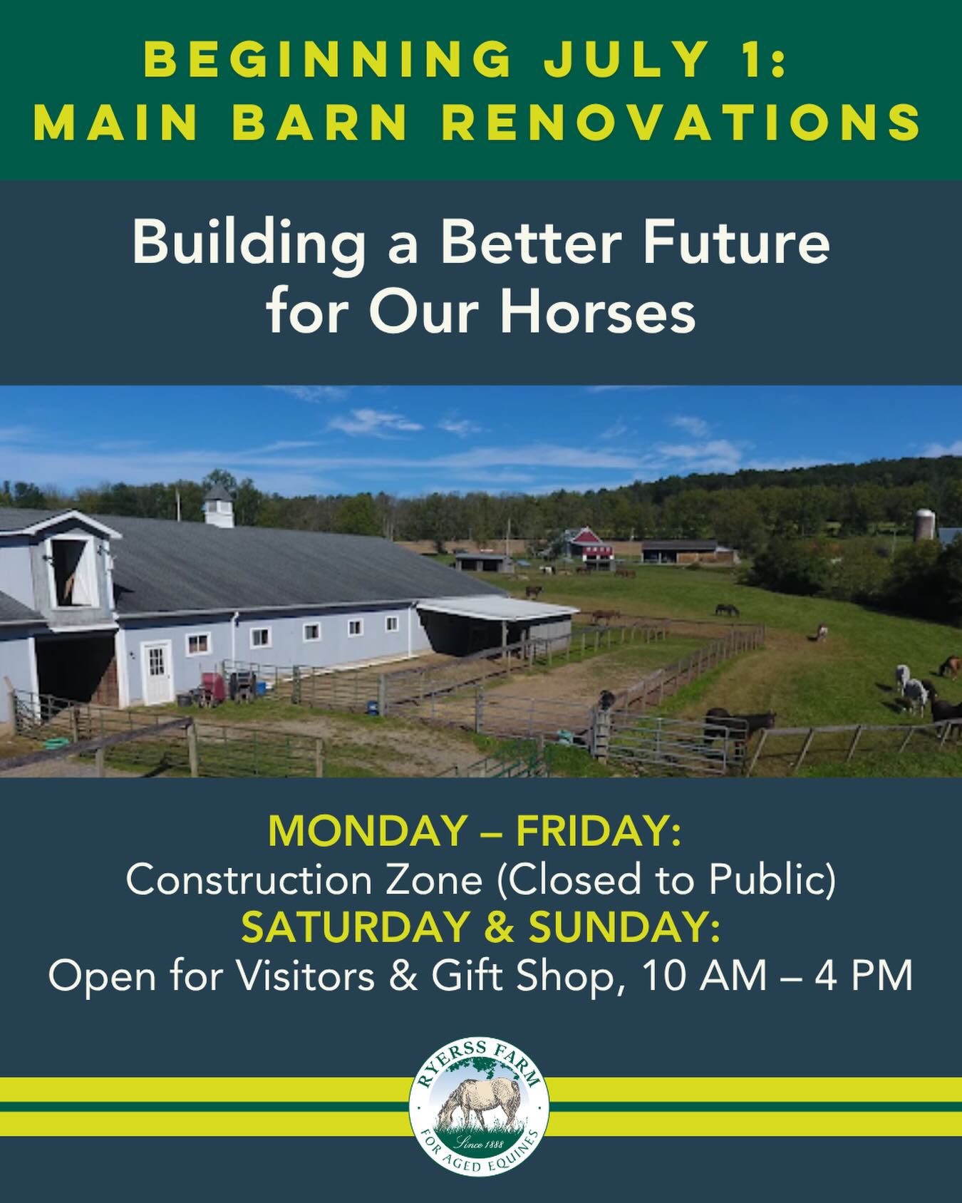 Building a better future for our horses! 🐎 Starting July 1, we’re beginning renovations on our historic Main Barn. The project includes a new roof, windows, and siding—important upgrades to keep our aged equines comfortable for years to come.
🗓️ Here’s what it means for visiting this summer:
Now through June 30: Open daily for visitors & the gift shop, 10 AM to 4 PM
July through September:
Monday–Friday: Construction zone, closed to the public
Saturday & Sunday: Open for visitors & the gift shop, 10 AM to 4 PM
The Main Barn will be an active work zone, but there are still plenty of horses to visit out in the pastures on weekends!
💚 Want to help? Every gift supports our residents’ care through this exciting project.
Click the link in our bio to learn more or donate now!