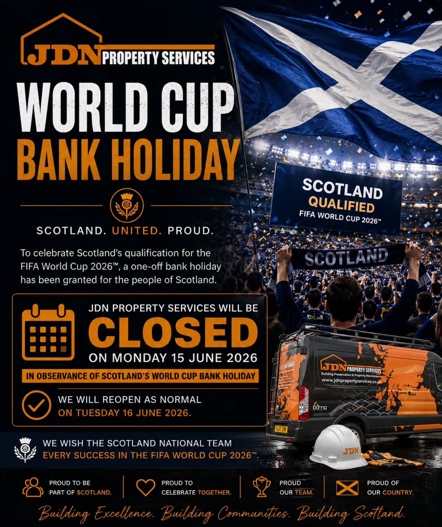 🚨 JDN CLOSED MONDAY 🚨
Normally, when we hear there's going to be flooding across Scotland, we're reaching for the drying equipment.
This time, it might just be a flood of tears...
Tears of joy. 🏴⚽
To celebrate Scotland's qualification for the FIFA World Cup 2026 and the official World Cup Bank Holiday, JDN Property Services will be closed on Monday 15 June 2026.
No damp surveys. No flood restoration. No insurance claims.
Just a nation enjoying a moment that's been nearly 30 years in the making.
We'll be back on Tuesday.
Until then, enjoy the celebrations and...
🏴COME ON SCOTLAND! 🏴
#JDNPropertyServices #Scotland #WorldCup2026 #TartanArmy #MonTheScotland