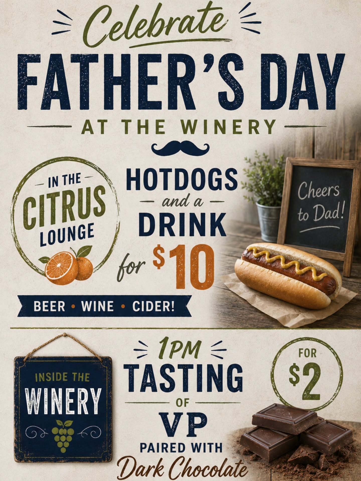 Celebrate Dad with us this Father's Day!
Join us at the Citrus Lounge for a hotdog and your choice of a beer, wine, or cider for just $10.
Then, head inside the winery at 1:00 PM for a special VP tasting paired with dark chocolate for only $2.
Good food, great wine, and even better company. We can't think of a better way to celebrate. See you at the winery! 🍷✨
#FathersDay #WaupoosWinery #PrinceEdwardCounty #PEC #OntarioWineries