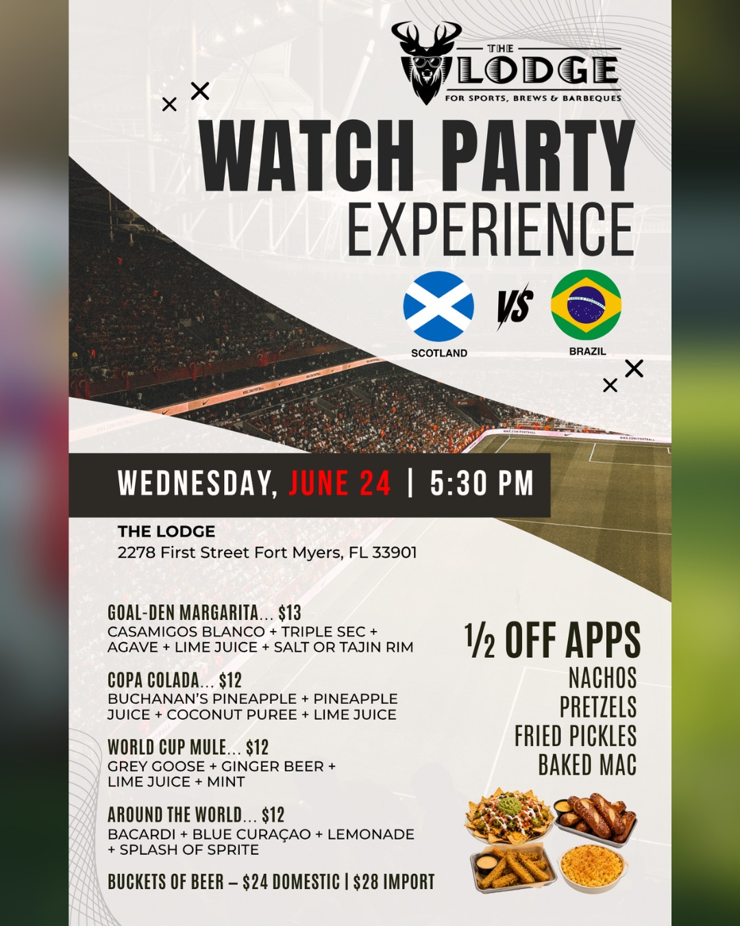 FIFA watch party at The Lodge is ON! ⚽
Join us Wednesday, June 24th at 6PM as Scotland takes on Brazil! We'll have drink and food specials all match long, plus complimentary Casamigos and Buchanan's samples on site from 5:30-6:30PM!
#thelodge #downtownfortmyers #fifa #worldcup2026