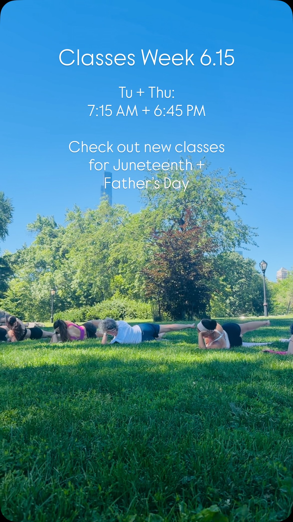 Class Schedule Week 6.15:
Tu + Th 7:15 AM & 6:45 PM
Fri 7:15 AM, 9:10 AM, 12 PM
Sat 9:10 AM & 12 PM
Sun 9:10 AM & 11AM
See you soon!