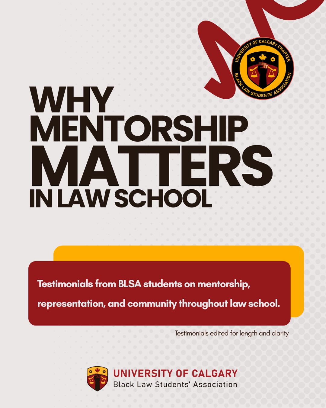 We are so grateful to every mentor who shared their time, experience, and support with our students this year.
A special thank you to Diyana Woldegebrael and Ntcha Taka for the time and care they put into matching mentors and mentees and helping these relationships flourish throughout the year.
Swipe to read our students’ reflections.
#BLSA #MentorshipMatters #UCalgaryLaw #BlackLawStudents #LegalEducation