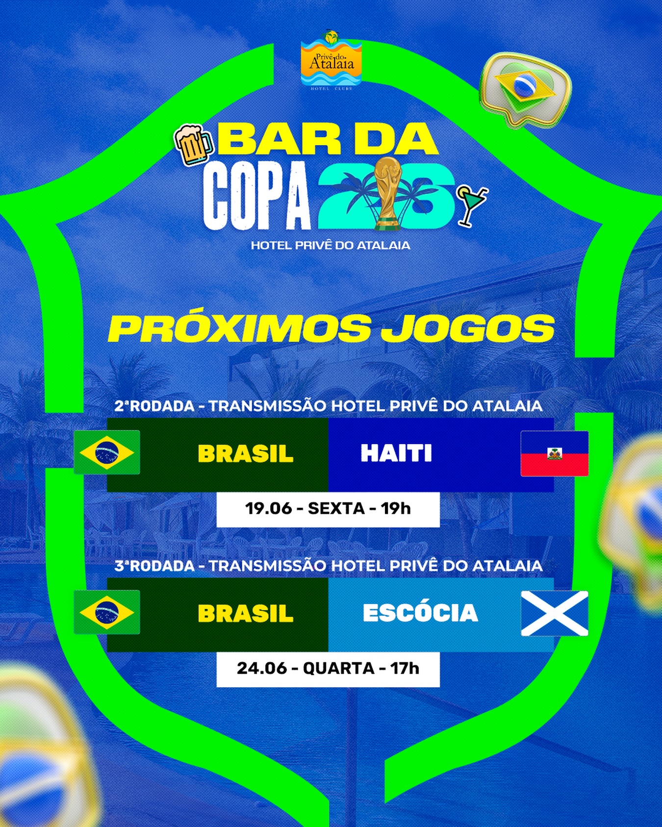 🇧🇷⚽ Vem torcer com a gente no Bar da Copa Privê do Atalaia! 🌴🙌
Nesta sexta, 19/JUN, o Brasil joga contra o Haiti às 20h30.
E na próxima quarta, 24/JUN, tem Brasil x Escócia às 19h.
Mas aqui a resenha começa antes!
Então chegue cedo pra curtir muito! 🙌🇧🇷
Todo dia de jogo tem:
🍻 PromoBar
🍟 Petiscos especiais
📺 Transmissão ao vivo
🎉 Ambiente perfeito para torcer muito
Aproveite nossa promobar:
🍻 5 Tijuca Long Neck — R$45
E com +R$10 leve uma porção de pastéis
Novidades da Copa:
🥃 Torcida Tropical — R$32
🍹 Gin do Hexa — R$36
Chame os amigos e venha viver a emoção do futebol com a gente! 🇧🇷🔥
Saiba mais: (91) 98403-9507
#BarDaCopa #Brasil #SeleçãoBrasileira #Futebol #Salinas
