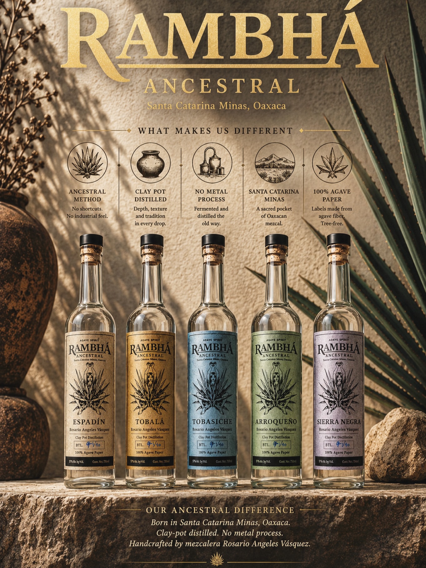 RAMBHÁ Ancestral Mezcal
No metal. No shortcuts. No compromise
Crafted by Mezcalera Rosario Ángeles Vásquez. Rosario and her team have embodied the spirit of culture and tradition both in passion and in process.
Introducing 5 expressions of wild agave; Tobalá, Tobasiche, Sierra Negra, Arroqueňo, and a fabulous Espadin. Each Expression diverse, bold and unique in flavor —a true masterpiece!