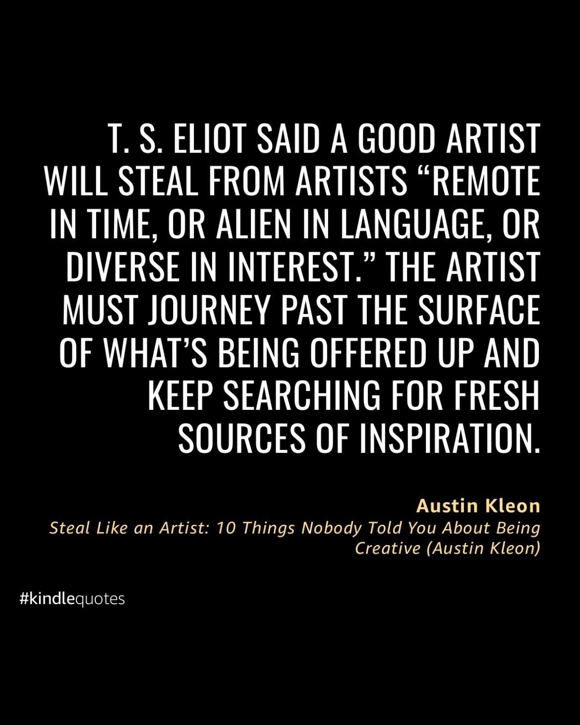 I have all of @austinkleon’s books and his journal. In the past several years, whenever I struggle with creativity and figuring out how to share my work with you, I’ve found inspiration through Austin’s books.
After reading his latest book Don’t Call It Art, I went back through his books and felt drawn to finally pick up his journal, which is the companion to his first book for creatives, Steal Like an Artist.
While I already see how useful the journal can be, I found it interesting that it had a quote from the poet T.S. Eliot. A few days ago, I realized that Austin shared another quote from T.S. Eliot in his first book for creatives. I didn’t notice it the first time I read the book.
The T.S. Eliot quotes stand out to me now because I’m a huge fan of @thewayhomehallmarkchannel. This series has made different references, including literary. T.S. Eliot has been referenced especially in this last season.
I’m that kind of person that believes in synchronicity or serendipity. Maybe I need these quotes right now as I work on my next poetry book. What do you think? #TheWayHome #CreativeBooks #PoetryBooks
