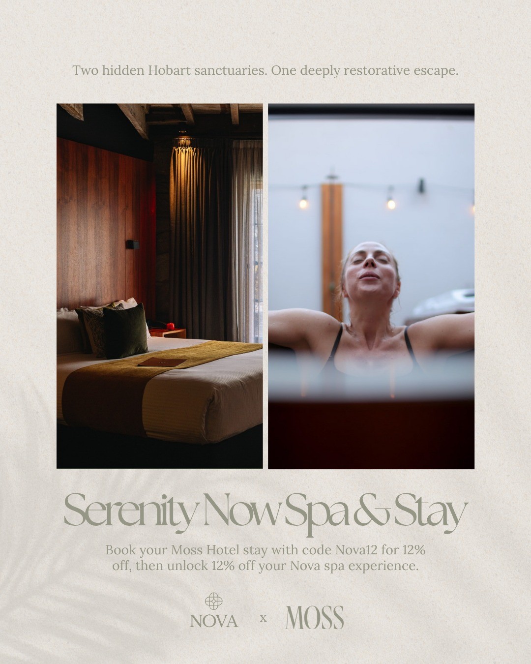 Two hidden Hobart sanctuaries. One deeply restorative escape. ✨
We've partnered with @moss.hotel to create Serenity Now Spa & Stay. Settle into boutique luxury in the heart of Salamanca, then wander a short stroll to Nova for deep restoration.
Stay at Moss with the code Nova12 for 12% off, and you'll receive your exclusive Nova spa discount to book directly.
More than a stay. A ritual for modern life.
#NovaHolisticSpa #MossHotel #HobartTasmania #SpaAndStay #DiscoverTasmania #HobartWellness