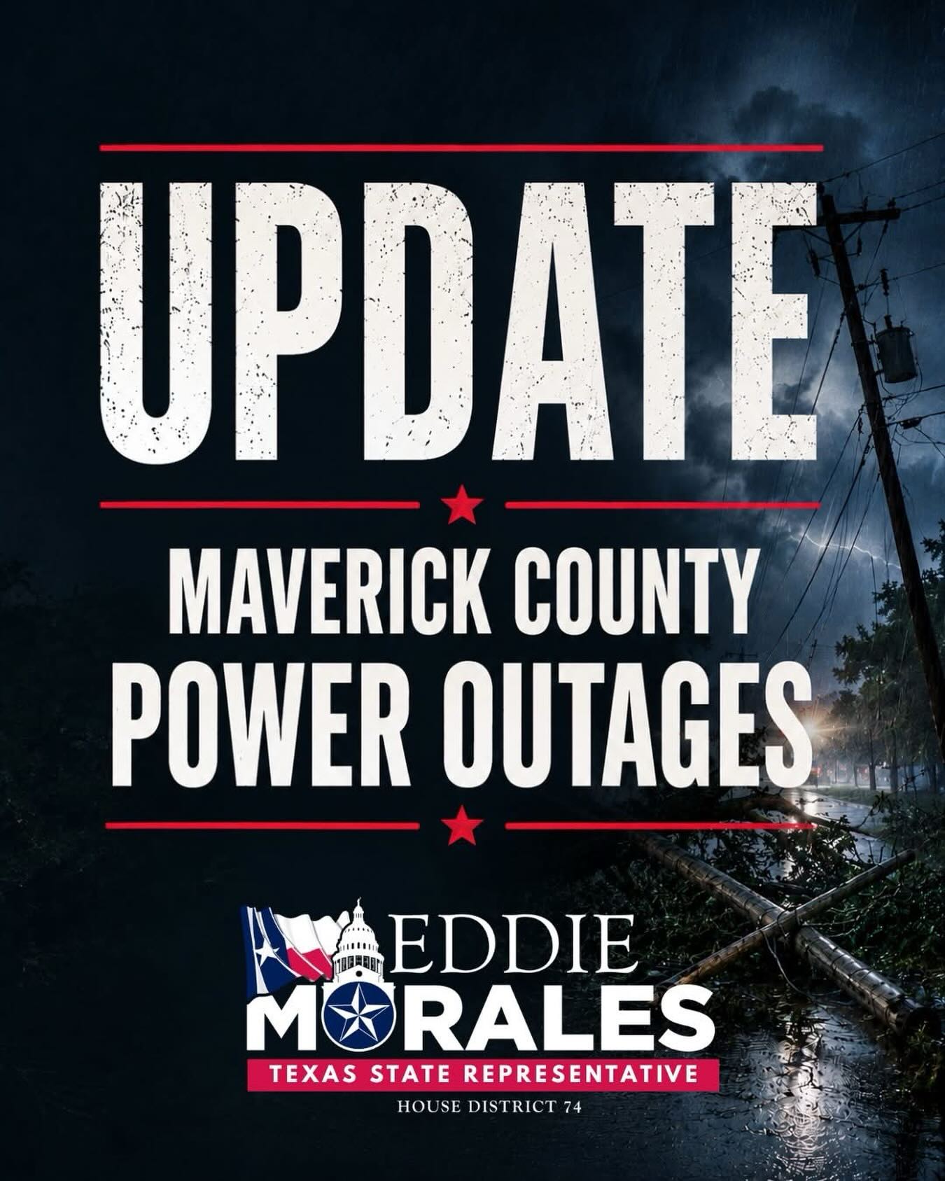 Like many across Maverick County, my power is out. My office has been in contact with AEP Texas and has confirmed over 1,050 outages in the county. AEP is working diligently to restore power for everyone. AEP has informed us that power should be restored by 5pm today.
Stay up to date with the AEP outage tracker here: https://outagemap.aeptexas.com/