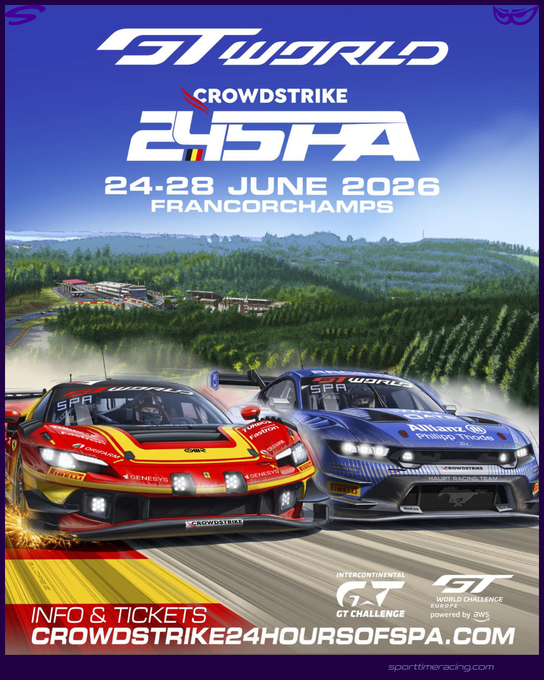 CrowdStrike 24 Hours of Spa
24/28.06.2026
Francorchamps/Belgium
GT World Challenge powered by AWS Endurance Cup
#spafrancorchamps #gtworld #crowdstrike #24hrace #gtracing