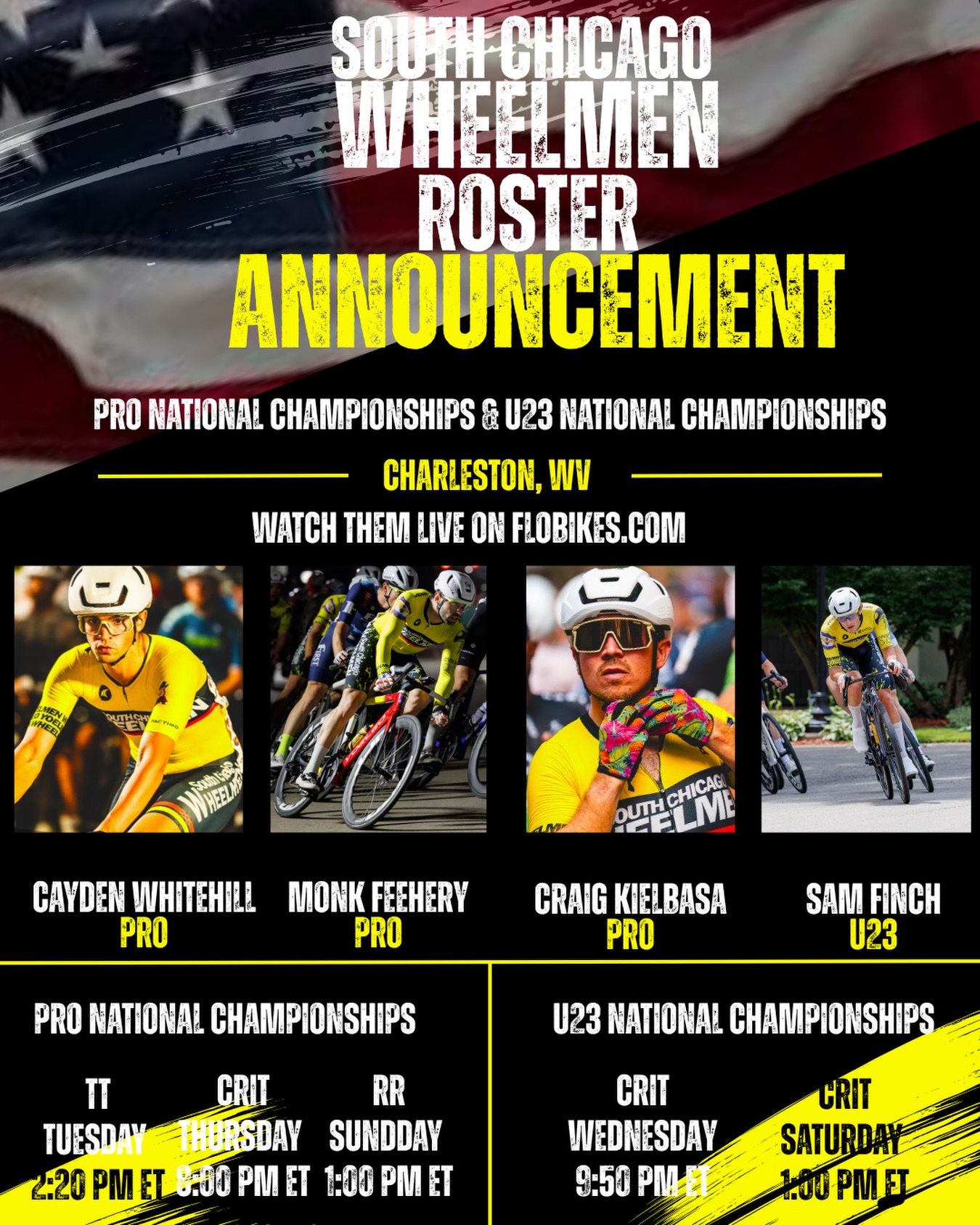The boys are headed to Charleston, WV for USA Cycling Pro Nationals and U23 Nationals
Pro Nationals
• Craig Kielbasa
• Brandon “Monk” Feehery
• Cayden Whitehill
U23 Nationals
• Sam Finch
Good luck boys. Go have some fun, race hard, and bring home a stars-and-stripes jersey. 🇺🇸
#SouthChicagoWheelmen #ProNats #USACycling #U23Nats #cycling