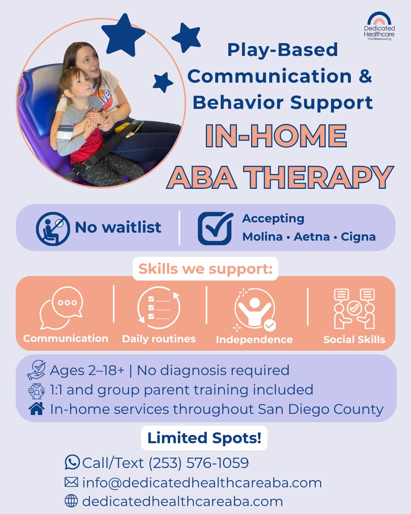 Looking for behavior or communication support for your child? 🌻
Dedicated Healthcare provides play-based, in-home ABA therapy to help children build meaningful skills like communication, daily routines, independence, and social skills. 🌟
We’re currently accepting new clients in San Diego County with no waitlist. Parent training is included, and we accept Molina, Aetna, Cigna, and more. 🏡
Families can call/text (253) 576-1059 or visit dedicatedhealthcareaba.com to learn more.
Please feel free to share with any family who may benefit from ABA support. 🩶
———————————————————————-
#abatherapy #aba #autismparents #autismsupport #parents