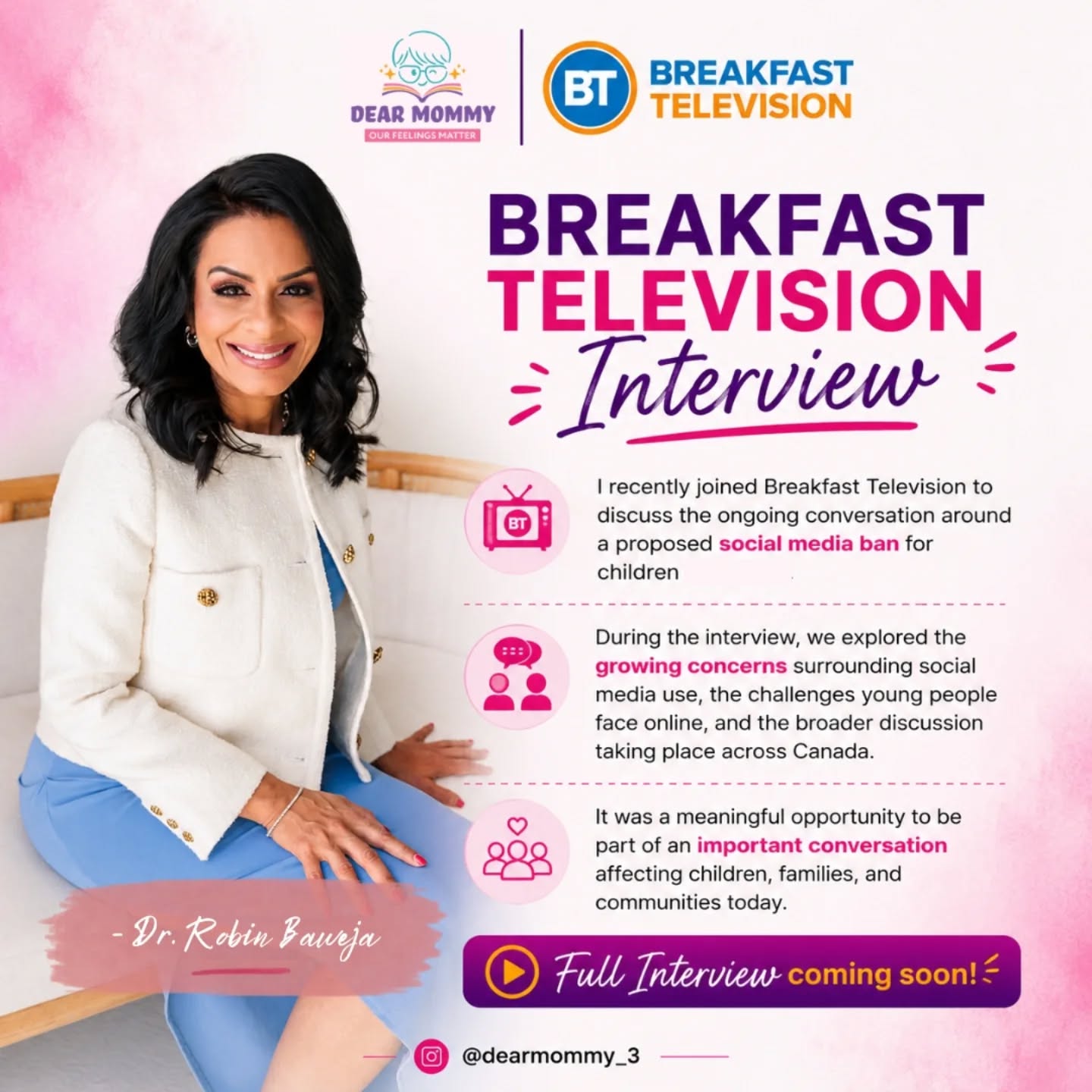 I recently had the opportunity to join Breakfast Television to discuss an important and timely topic: the proposed social media ban for children.
As a pediatrician, I see firsthand how the digital world can shape a child's development, mental health, and overall wellbeing. While technology offers many benefits, it also raises important questions about how we can better support and protect young people online.
The conversation around a social media ban is complex, and there may not be one solution that fits every family. However, creating safer digital spaces and encouraging healthy online habits is a conversation worth having.
I'm grateful to have been part of this discussion and look forward to sharing the full interview with you soon.
— Dr. Robin Baweja
#socialmedia #canada #positiveparenting #childmentalhealth #breakfasttelevision