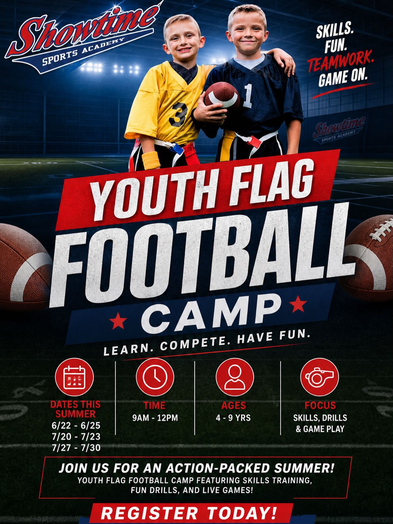 This coming Monday Showtime will be hosting our Youth Flag Football Camp!…One of 3 sessions this summer. It’s not too late to register and have a blast running through drills, playing with friends, and playing competitive games. Sign up today! www.showtimesportsacademy.com