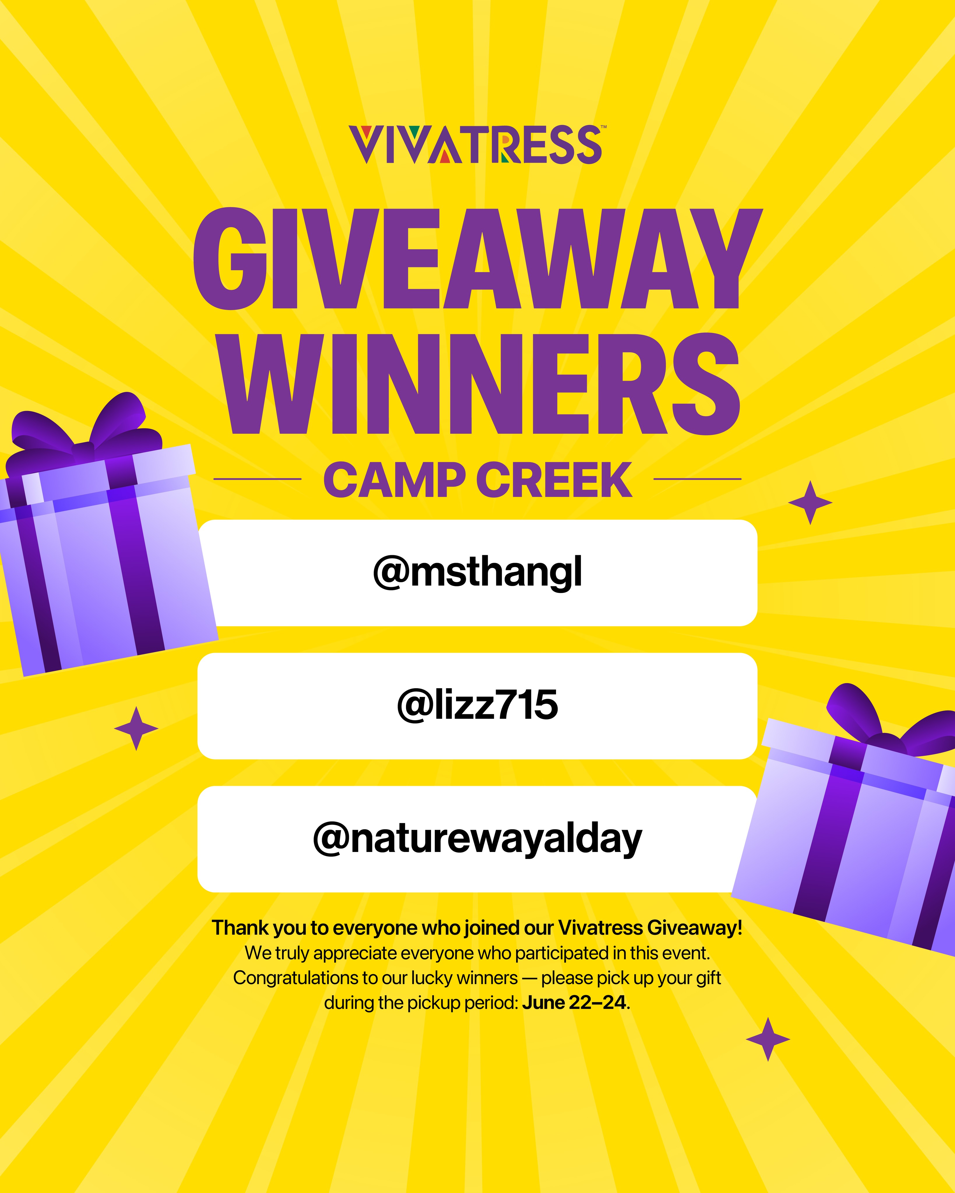 Congratulations to our Camp Creek Vivatress Giveaway winners! 💜💛🎁
Thank you to everyone who joined our Vivatress Giveaway. We truly appreciate your participation and support!
Winners:
🎉 @msthangl
🎉 @lizz715
🎉 @naturewayalday
Please pick up your gift box during the pickup period:
June 22–24 at Beauty Master Camp Creek only.
Stay tuned for more giveaways and events! ✨
#BeautyMaster #BeautyMasterGA #Vivatress #VivaceByKiss #Giveaway #CampCreek #HairGiveaway #BeautyGiveaway