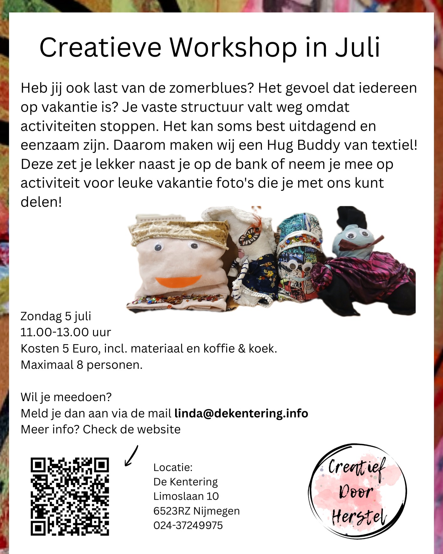 Kom jij mee doen met een leuke workshop met textiel!
7 juli, let op dit is op een zondag
van 11.00-13.00 uur.
Samen kom je de vakantie door. <3
Kosten: 5 euro
Aanmelden: linda@dekentering.info