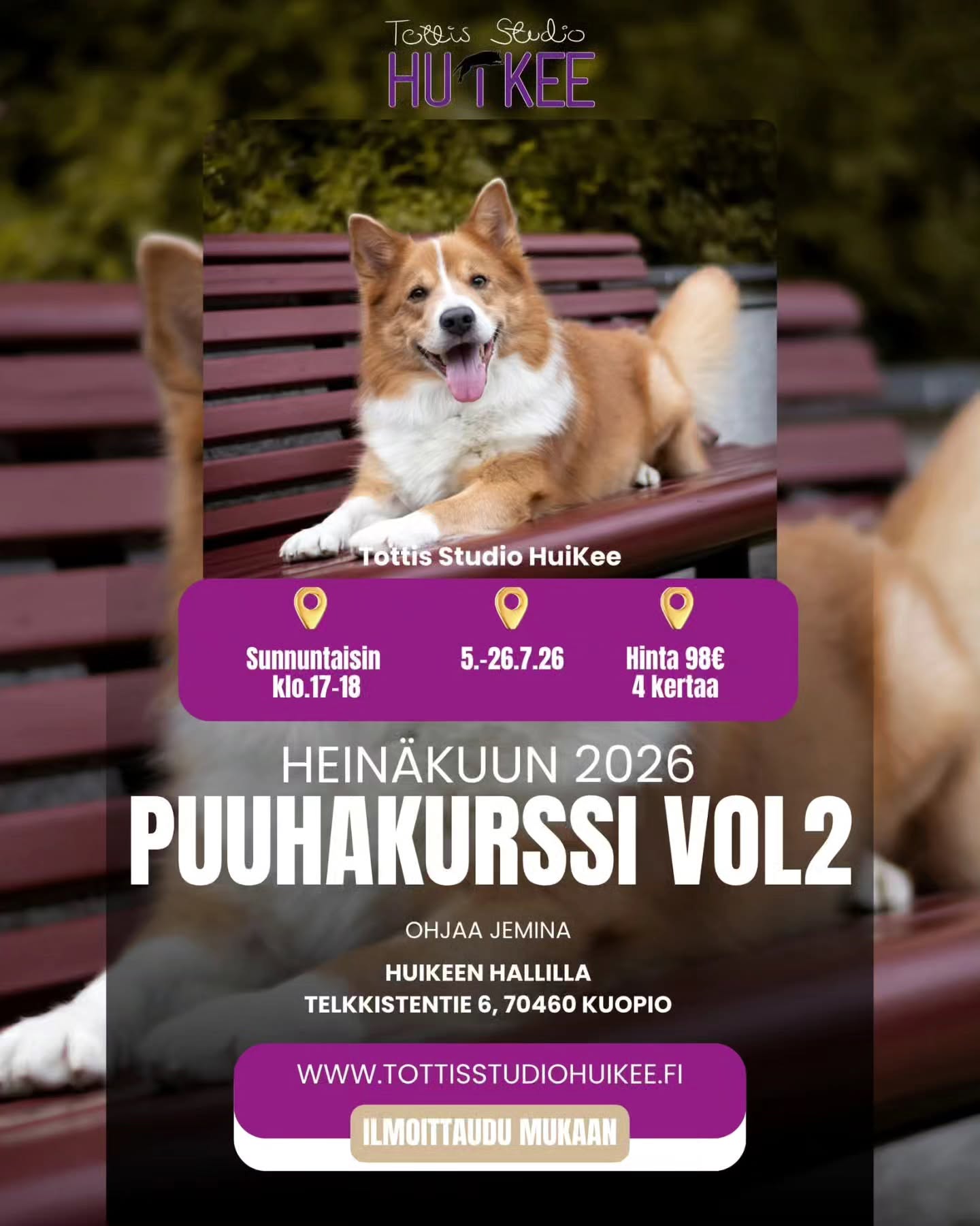 🐾 HuiKeen Puuhakurssi VOL2 🐾
Etsittekö uusia tapoja puuhailla yhdessä? 💛
Tällä kurssilla pääsette kokeilemaan monipuolisesti eri koiraharrastuksia:
✨ Rally-toko
✨ Toko
✨ Nosework
✨ Näyttelyharjoittelu
✨ Arkitottelevaisuus
Lisäksi vahvistetaan koiran kehonhallintaa ja fysiikkaa hauskoilla jumppatehtävillä!
Kurssi sopii kaikille koirakoille, jotka haluavat lisää tekemistä arkeen, uusia onnistumisia ja ehkä löytää juuri sen oman lajin. 🐶
🐾 Tule mukaan kokeilemaan, oppimaan ja innostumaan – rennosti yhdessä! 💫
HEINÄKUUSSA ALKAMASSA
🌸 Sunnuntaisin klo.17-18
🌸 5.-26.7.2026, 4 kertaa
🌸 Hinta 98€
🌸 Ohjaaja Jemina @koirapalvelulojaali
Ilmoittadu tästä suoraan mukaan; https://slotti.fi/booking/tottisstudiohuikeeoy/#/
Tai katso kotisivuilta lisätietoja:
www.tottisstudiohuikee.fi
Tervetuloa!
#koirankoulutus #puuhakurssi #tottisstudiohuikee #koirahalliKuopio #kuopio