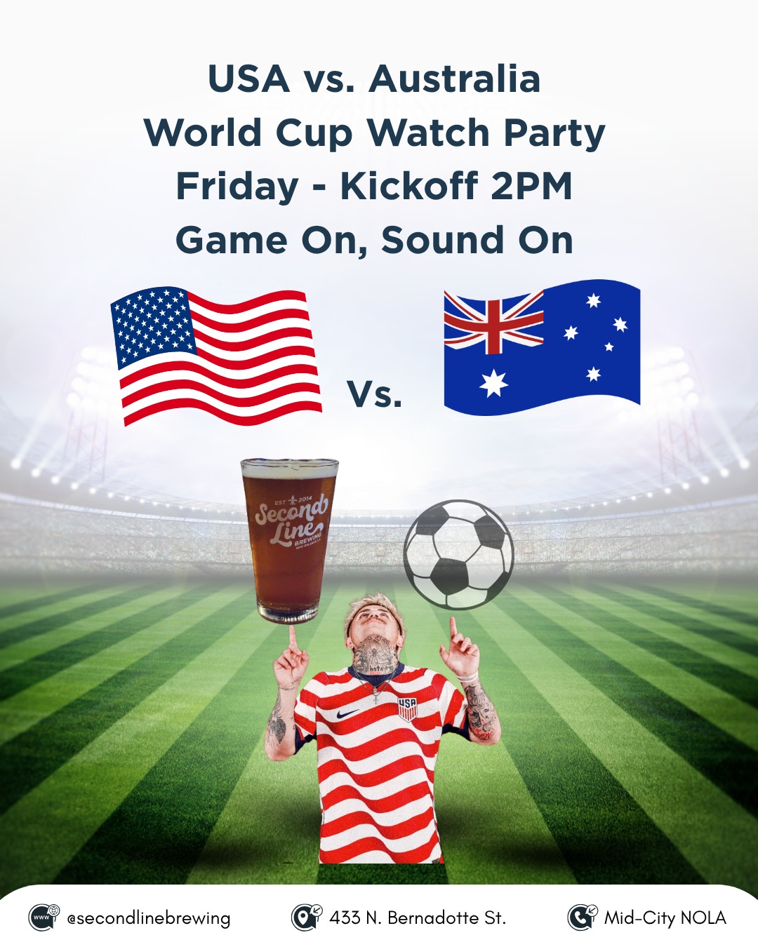๐บ๐ธโฝ๐ฆ๐บ USA vs. AUSTRALIA โ WE'VE GOT YOU COVERED!
Doors open FRIDAY at 2PM, just in time for kickoff! ๐
๐บ Game on ALL TVs
๐ Sound ON โ every whistle, every goal, every gasp
๐ด Second Line Provisions cooking up the good stuff all game long
๐บ Cold pints poured and ready
Grab your crew, claim your spot, and let's cheer the USA on together. This is the watch party you don't want to miss!
๐ PARKING HEADS-UP: Please PARALLEL PARK along the street. Our neighbor has taken up the hobby of calling parking enforcement โ yes, on a dead-end street where we're the only business at the end. ๐ So line 'em up nice and legal, and let's keep the vibes (and your windshield) ticket-free.
See you Friday at 2! ๐
๐ 433 N. Bernadotte St. | Second Line Brewing
#SecondLineBrewing #USMNT #USAvsAUS #WorldCup #NOLA #MidCity #NewOrleans #SoccerWatchParty #CraftBeer #DrinkLocal